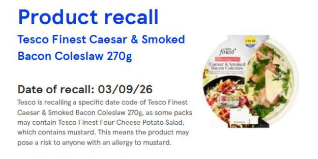 Tesco Finest Caesar & Smoked Bacon Coleslaw has been urgently recalled