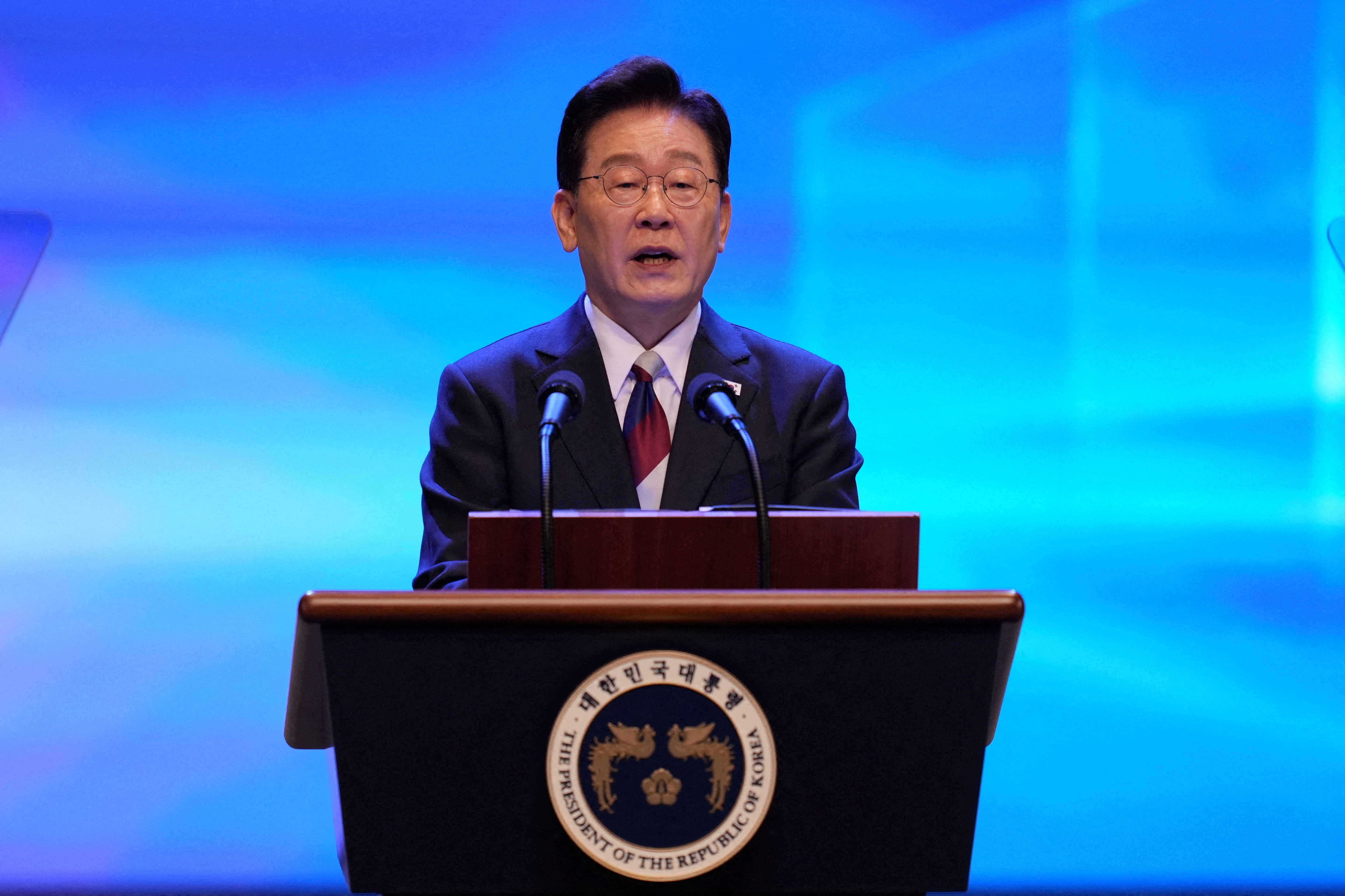<p>South Korean president Lee Jae Myung speaks during a ceremony to mark the anniversary of the Korean Liberation Day in Seoul on 15 August 2026</p>