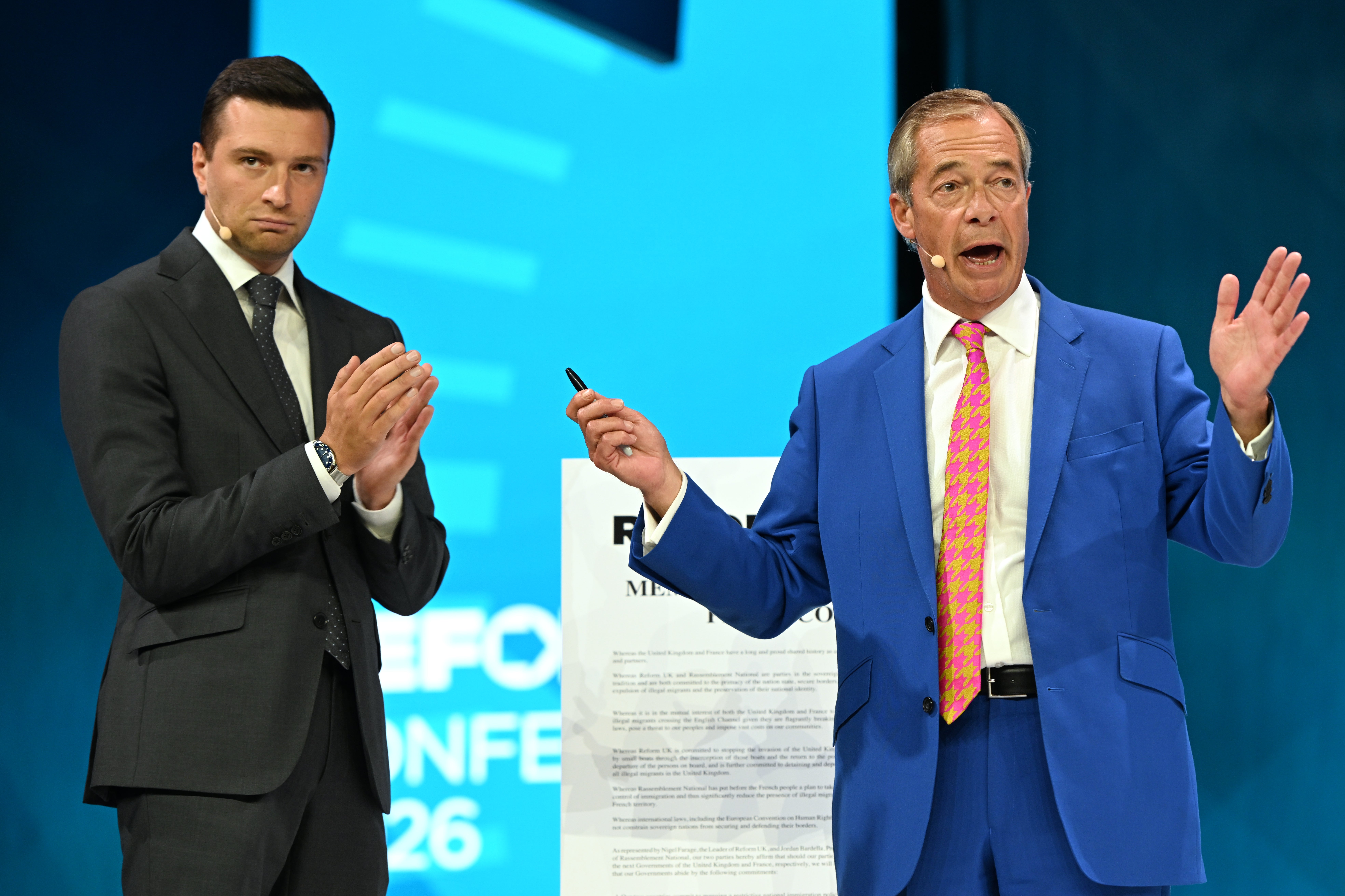 French politician Jordan Bardella, President of National Rally, and Reform Party Leader Nigel Farage.