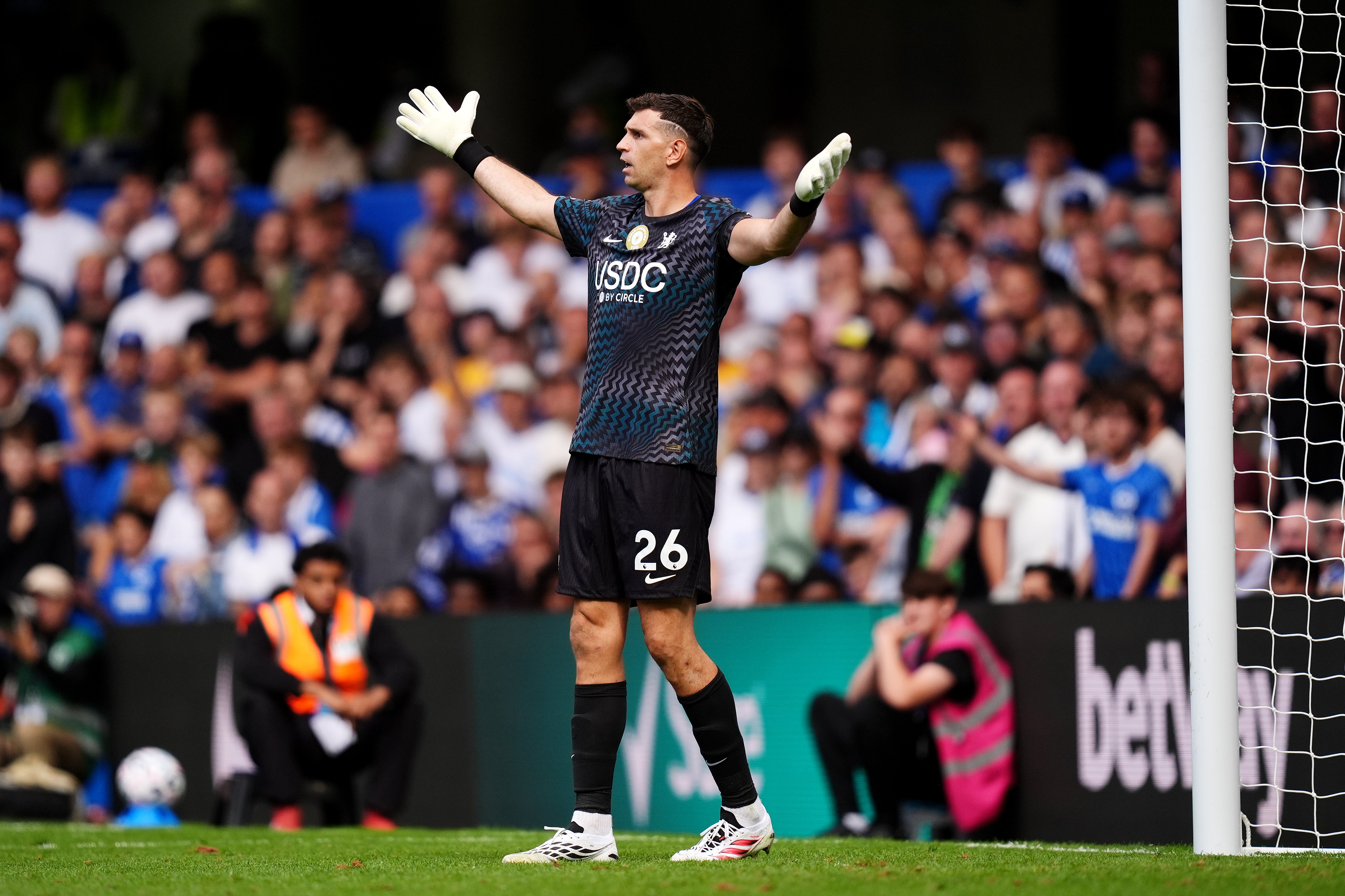 Chelsea goalkeeper Emiliano Martinez in action against Brighton