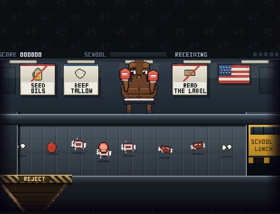 In 'Supply Line,' players must knock school lunch foods with seed oils, colorings, additives and those that are sealed in packaging off a conveyor belt