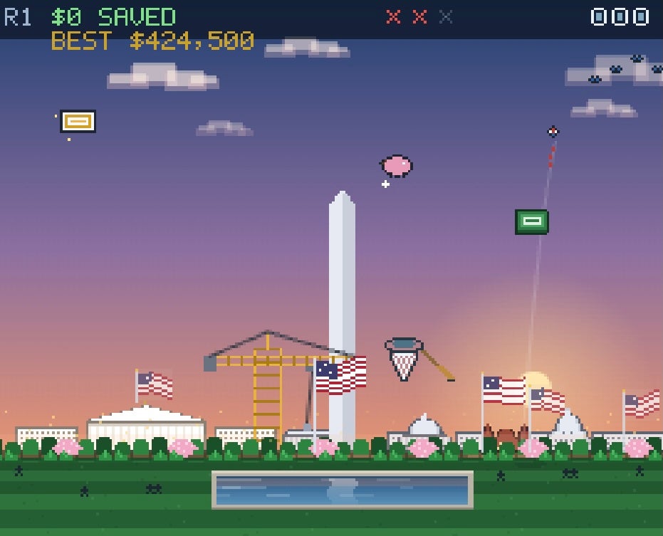In 'Trump Savings Tycoon,' players have to swing a net to catch all the money being thrown at them
