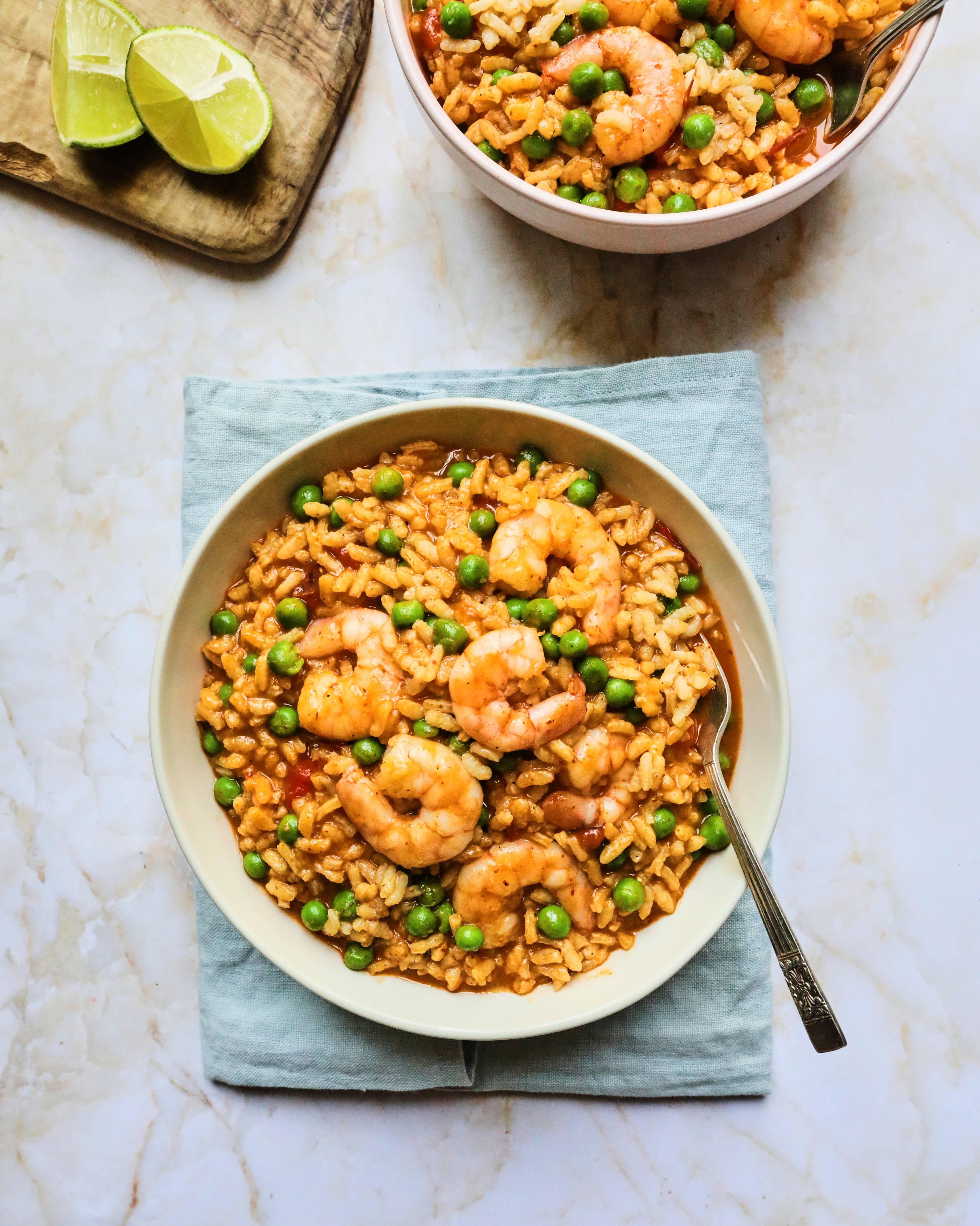 Creamy coconut rice with prawns, peas and a sharp hit of lime
