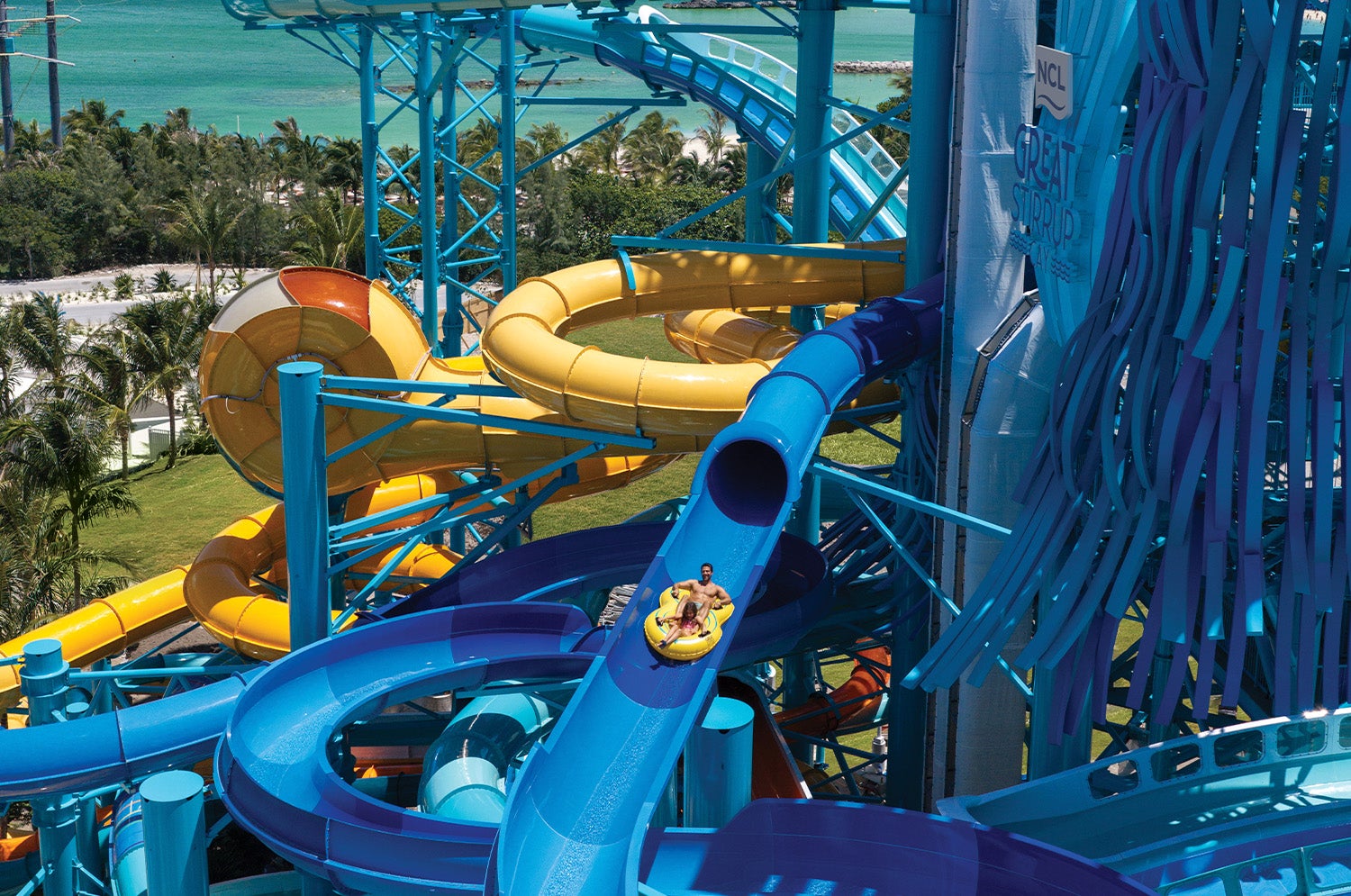 Guests can enjoy giant twisting waterslides at NCL's new waterpark