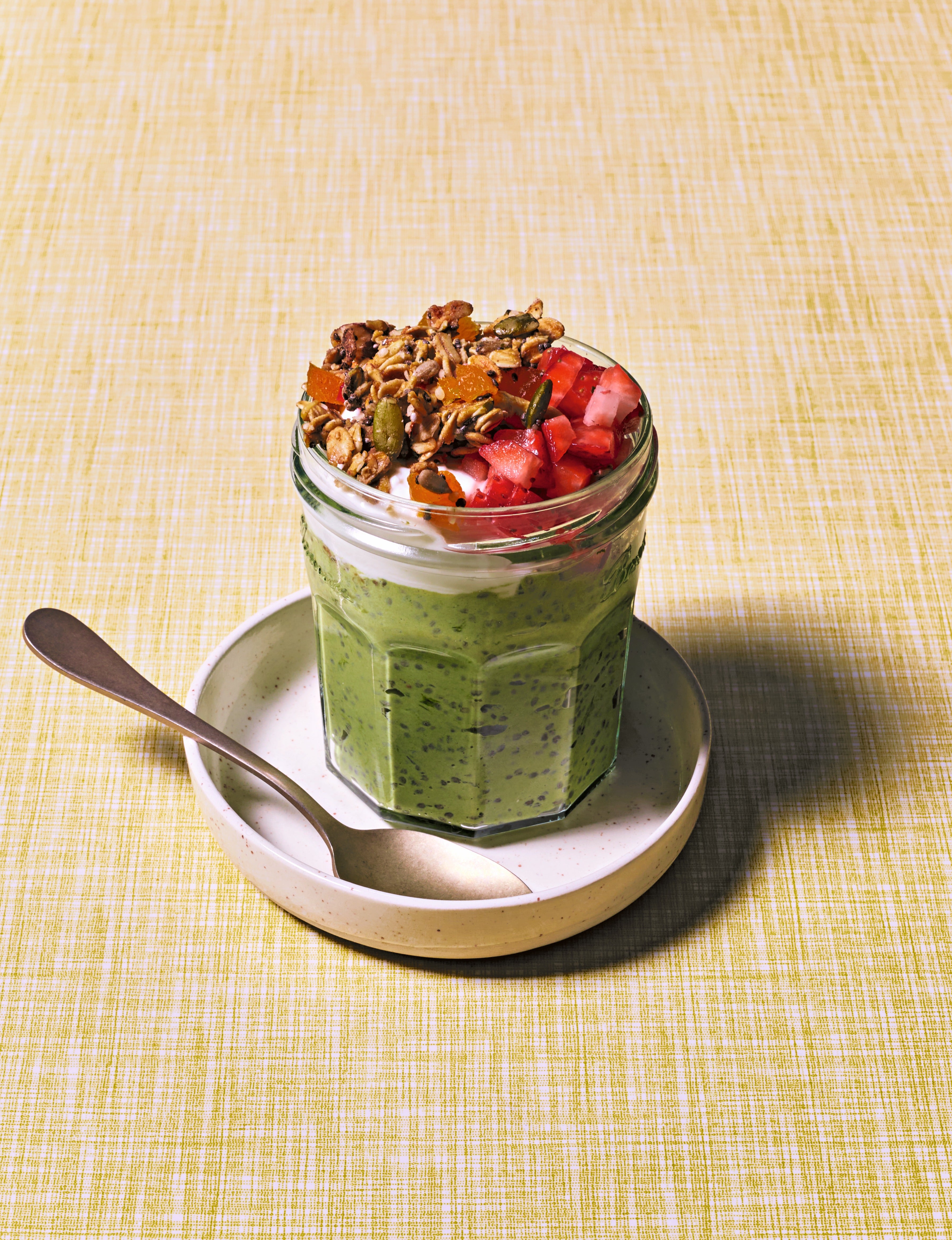 Matcha, chia and strawberries make this an easy make-ahead breakfast with a caffeine kick