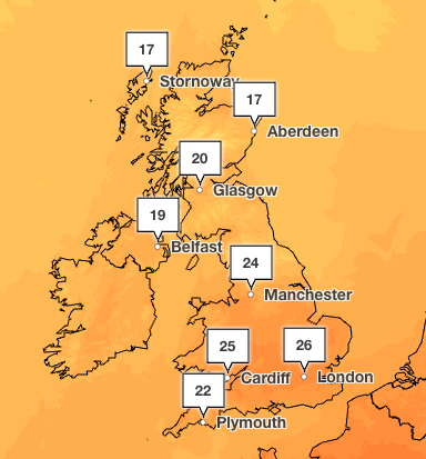 The UK will see some hot weather this weekend with highs of 26C on Sunday in London