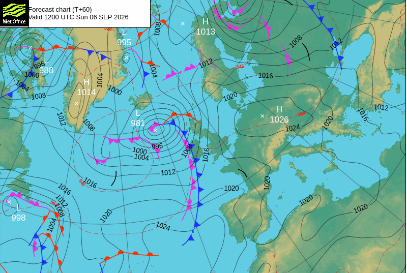 Met Office weather map shows there will be a patch of high pressure over Europe and low pressure above the UK