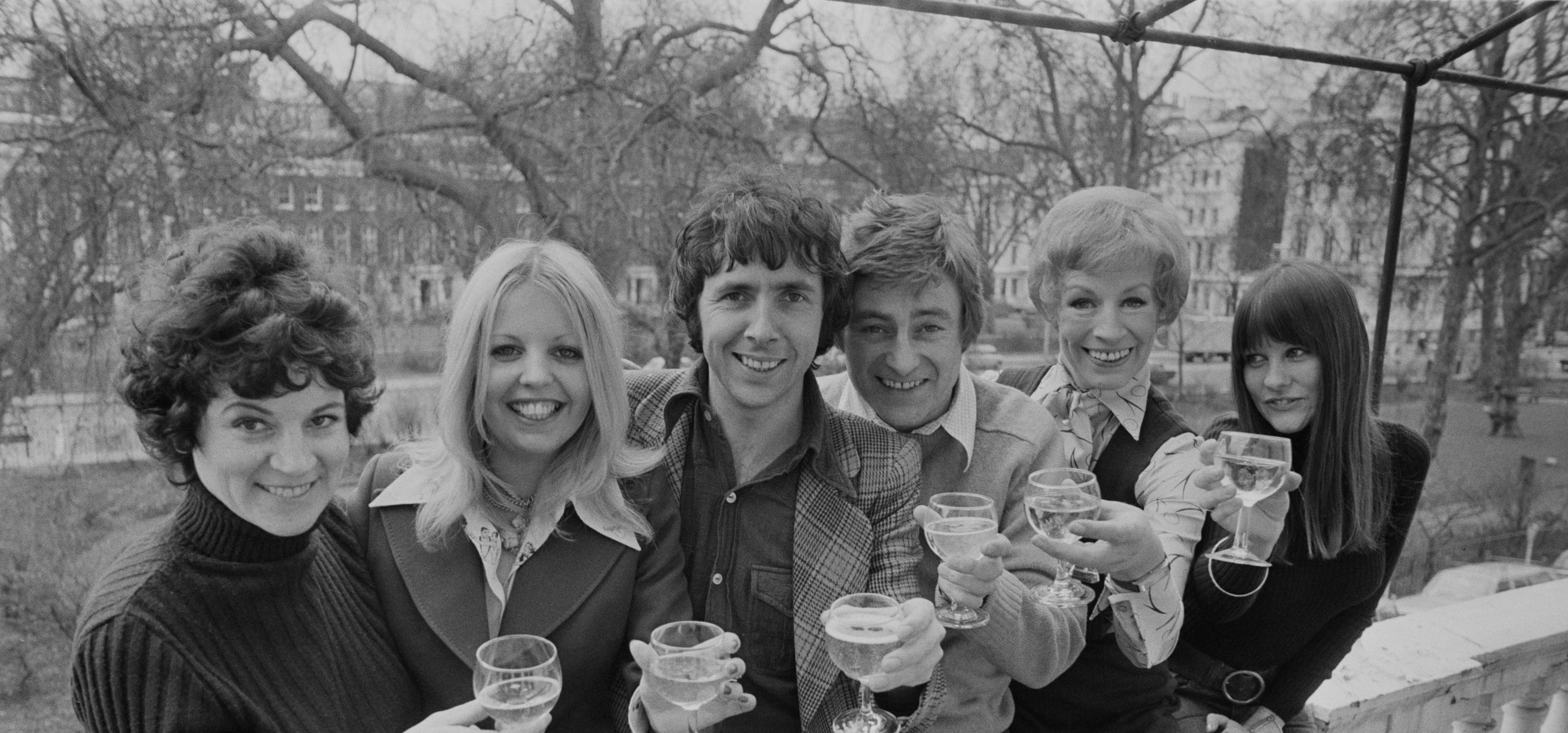 From left to right, Penelope Nice, Sally Thomsett, Richard O'Sullivan, Doug Fisher, Yootha Joyce and Judy Matheson (Getty)