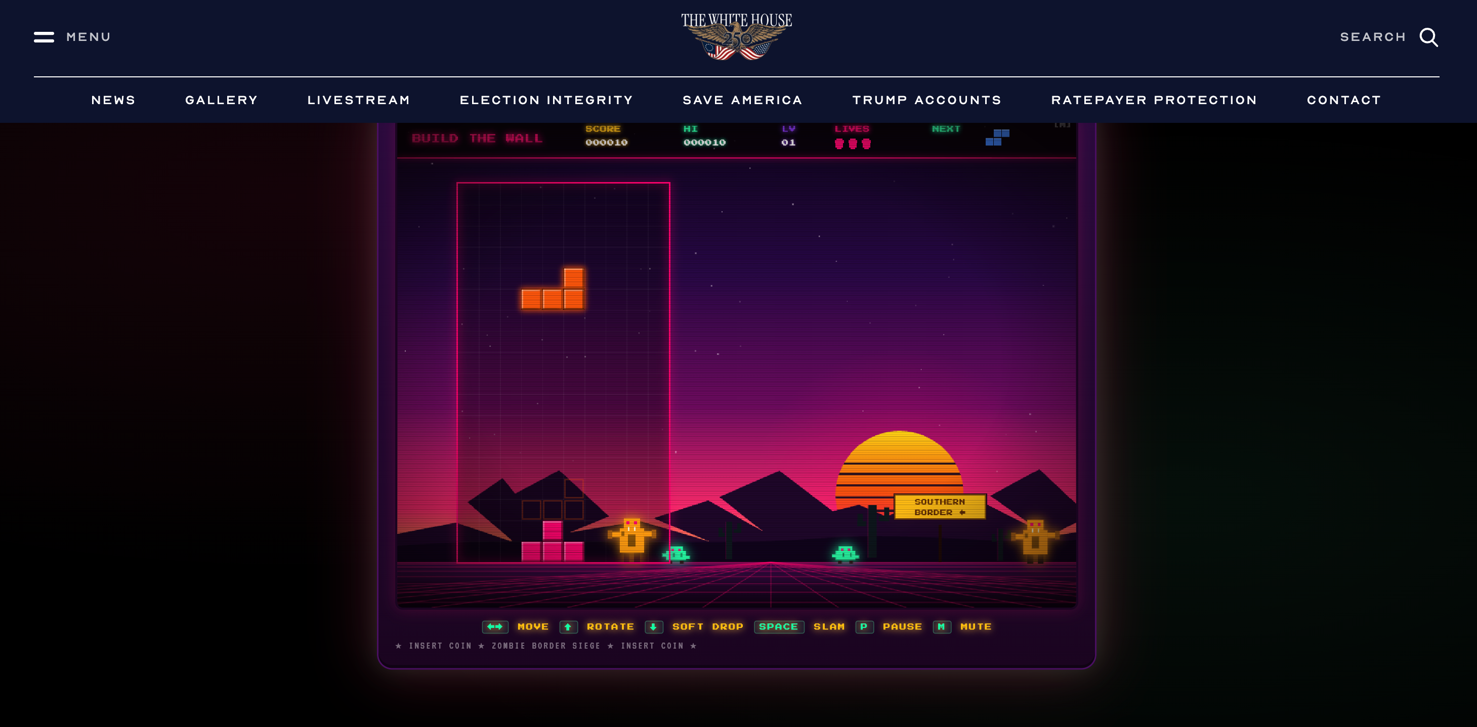 In the ‘Build The Wall’ game, users are tasked with constructing a Tetris-style structure to repel a ‘Zombie Border Siege’