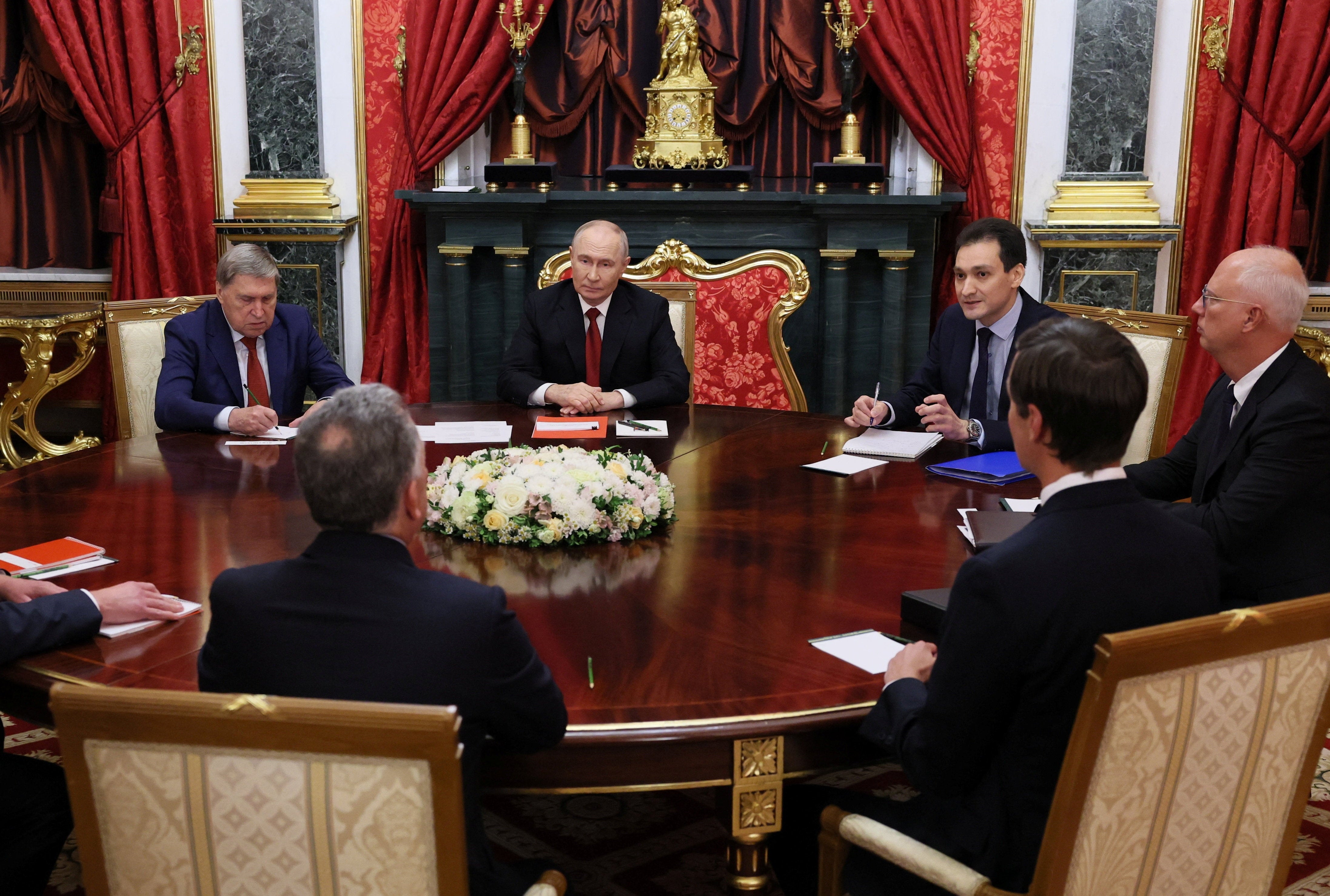 Russian president Vladimir Putin, Kremlin foreign policy adviser Yuri Ushakov, and Russian presidential envoy Kirill Dmitriev attend a meeting with US Special Envoy Steve Witkoff and Jared Kushner, US president Donald Trump's son-in-law, at the Kremlin in Moscow, Russia