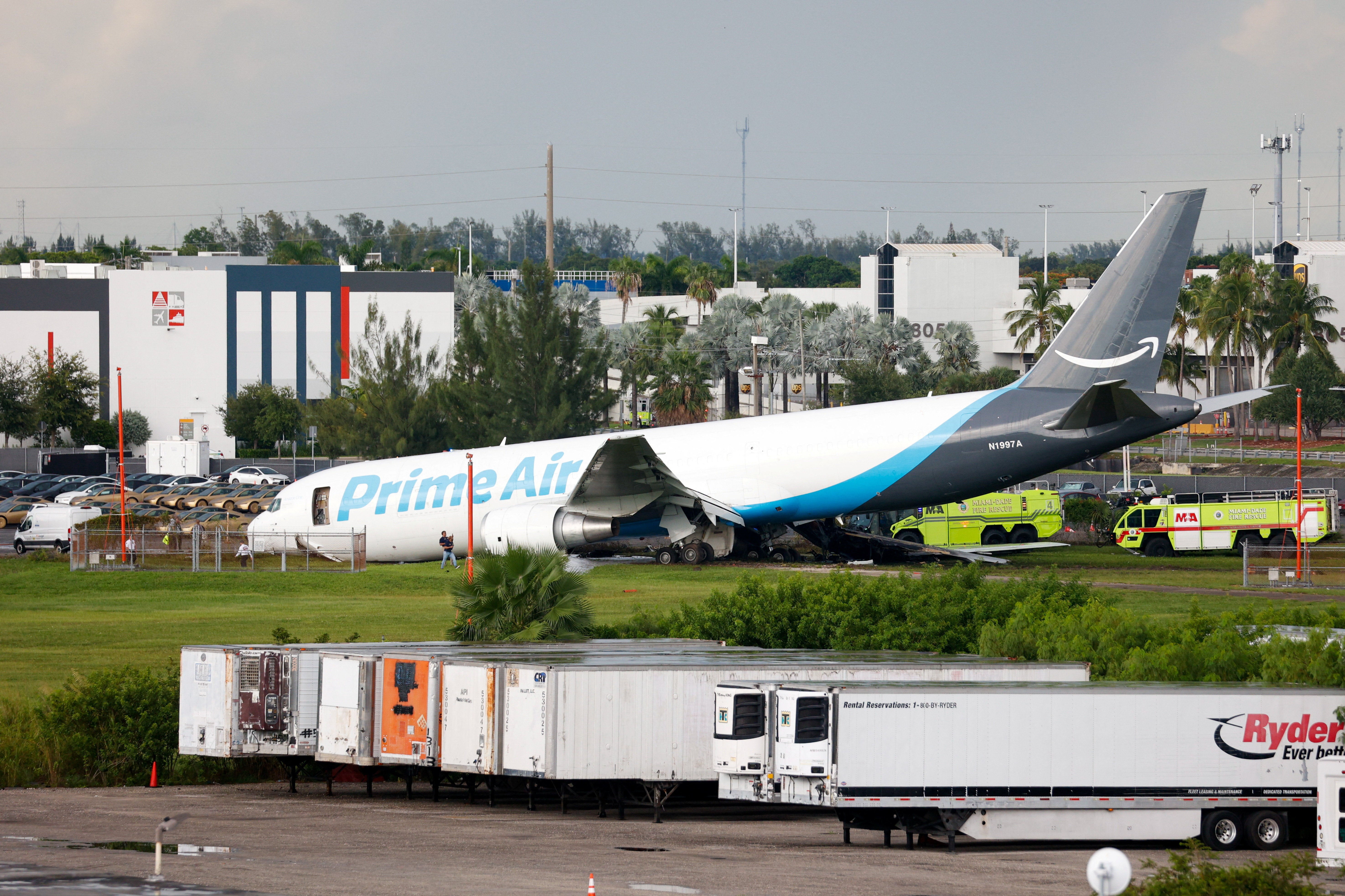 Amazon cargo plane on fire after overshooting the runway during landing at Miami airport