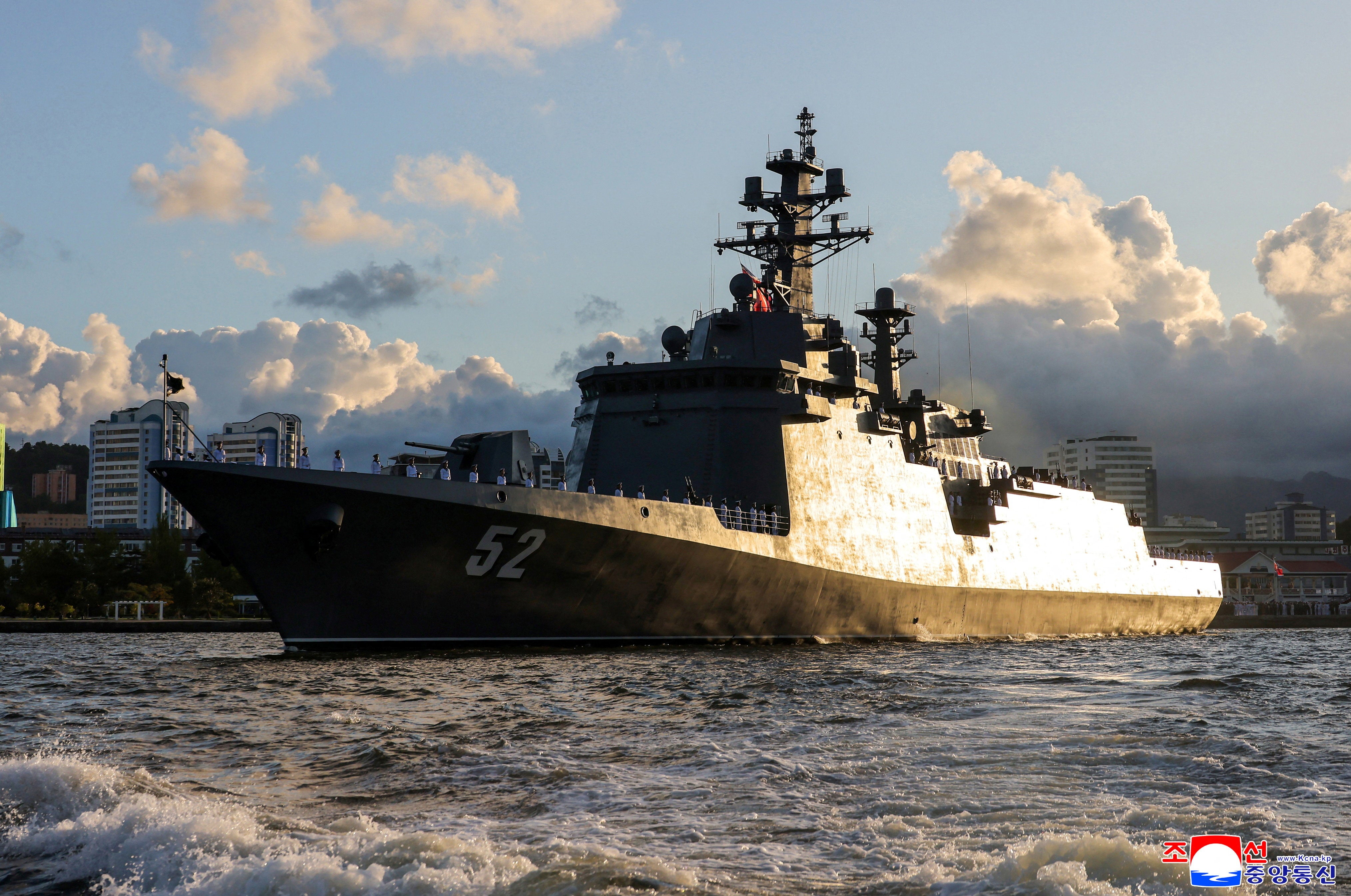 The destroyer ‘Kang Kon’, on the day of its commissioning ceremony, at Wonsan Port, North Korea, 6 September 2026, in this picture released by North Korea’s official Korean Central News Agency