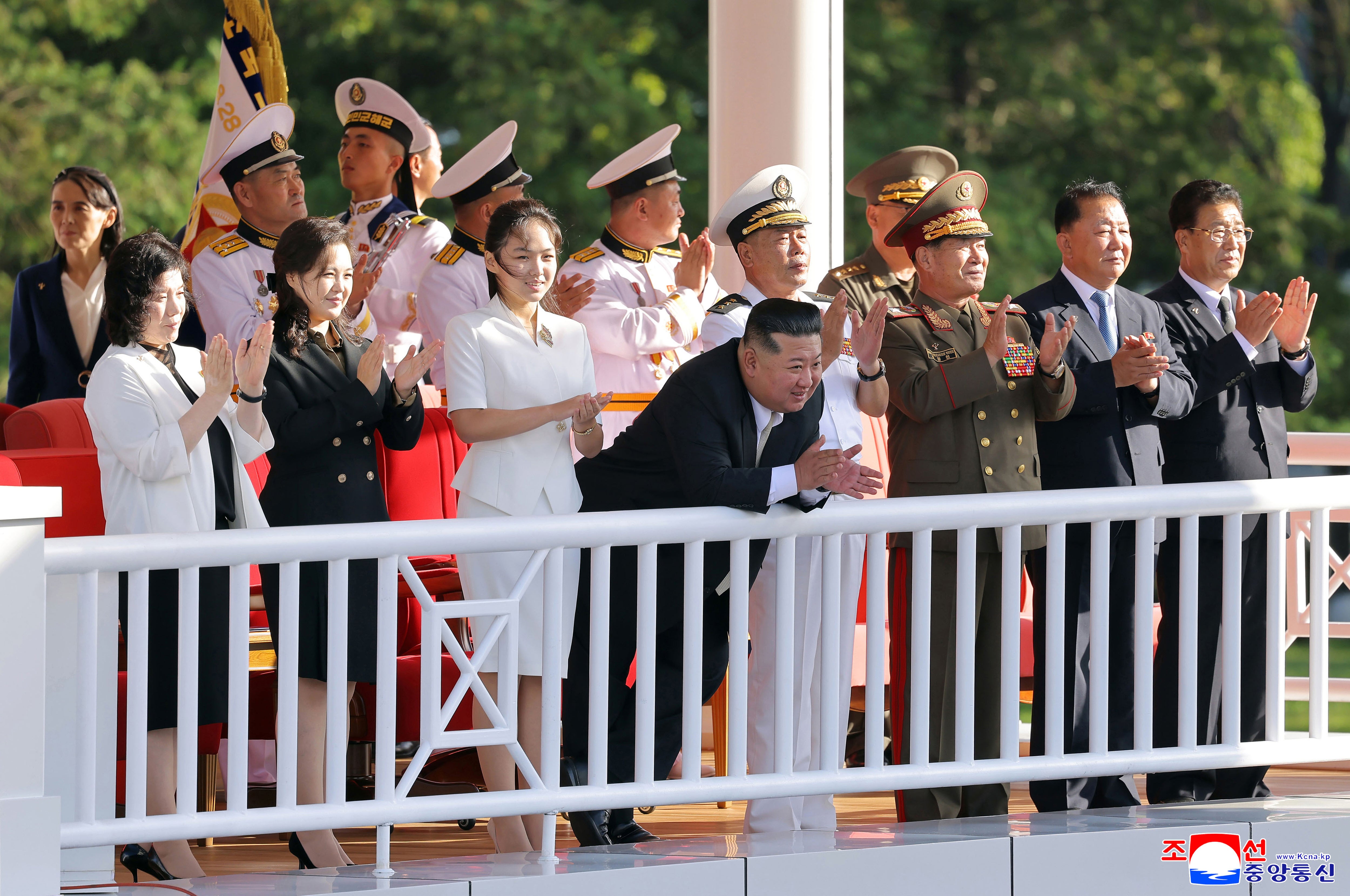 In this photo provided by the North Korean government, its leader Kim Jong Un, front centre, his daugther, third left in front, and his wife Ri Sol Ju, second left in front, attend a commissioning ceremony of a destroyer, Kang Kon at a port in Wonsan, North Korea Sunday, 6 September 2026