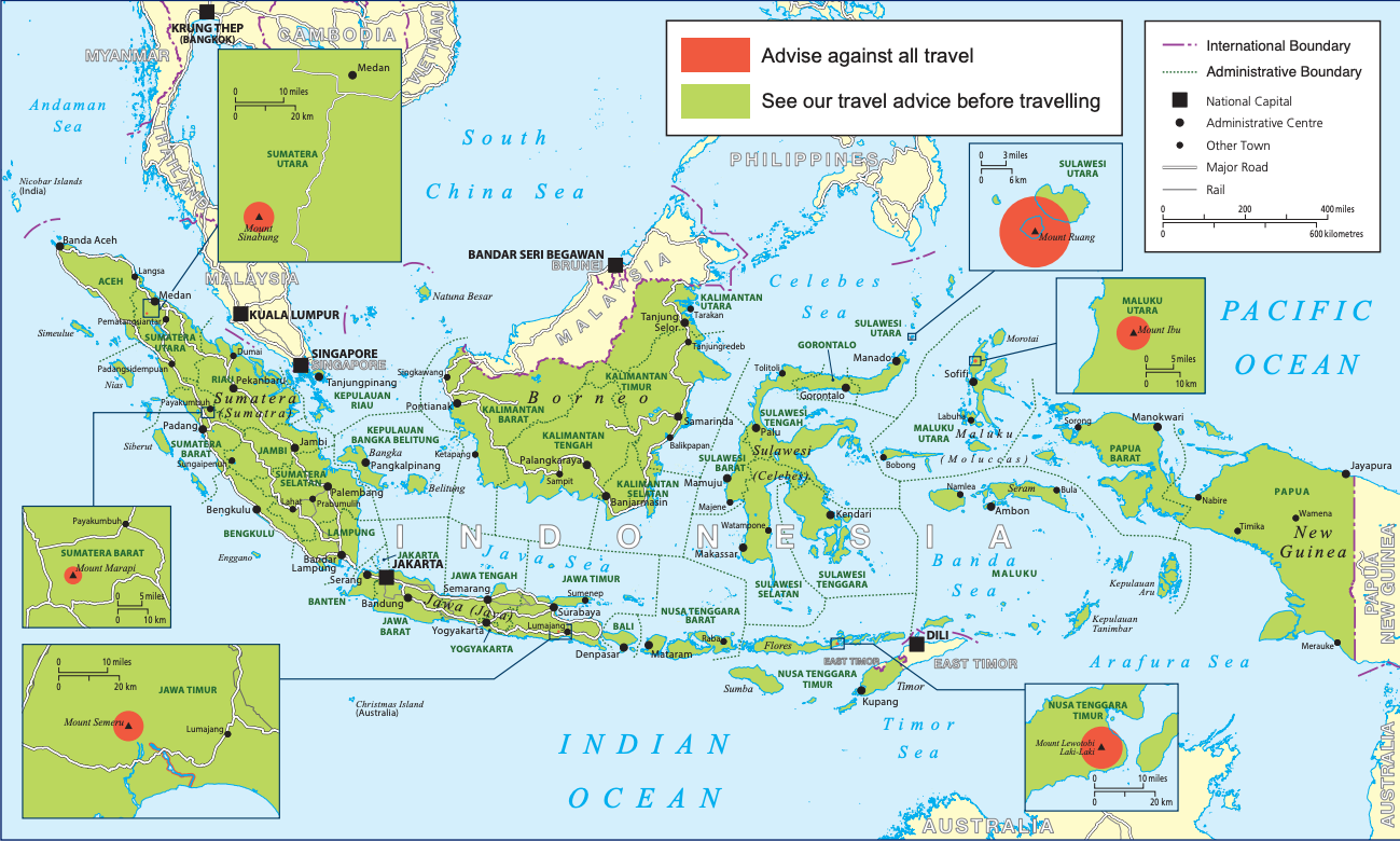 The Foreign, Commonwealth and Development Office (FCDO) advises against all travel to a number of volcanoes in Indonesia