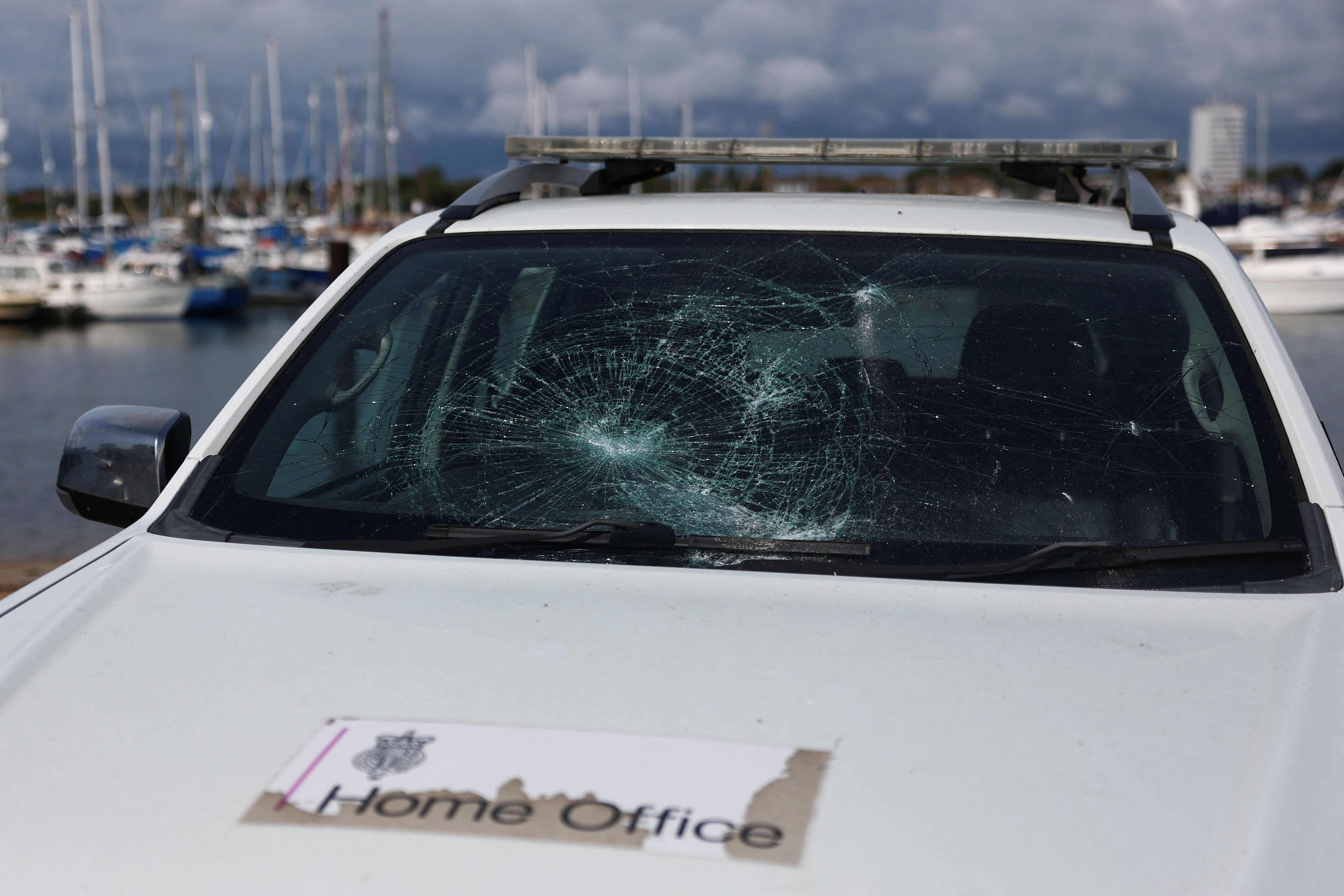 A damaged Home Office vehicle near Eastney Ferry Landing, following anti-immigration protests