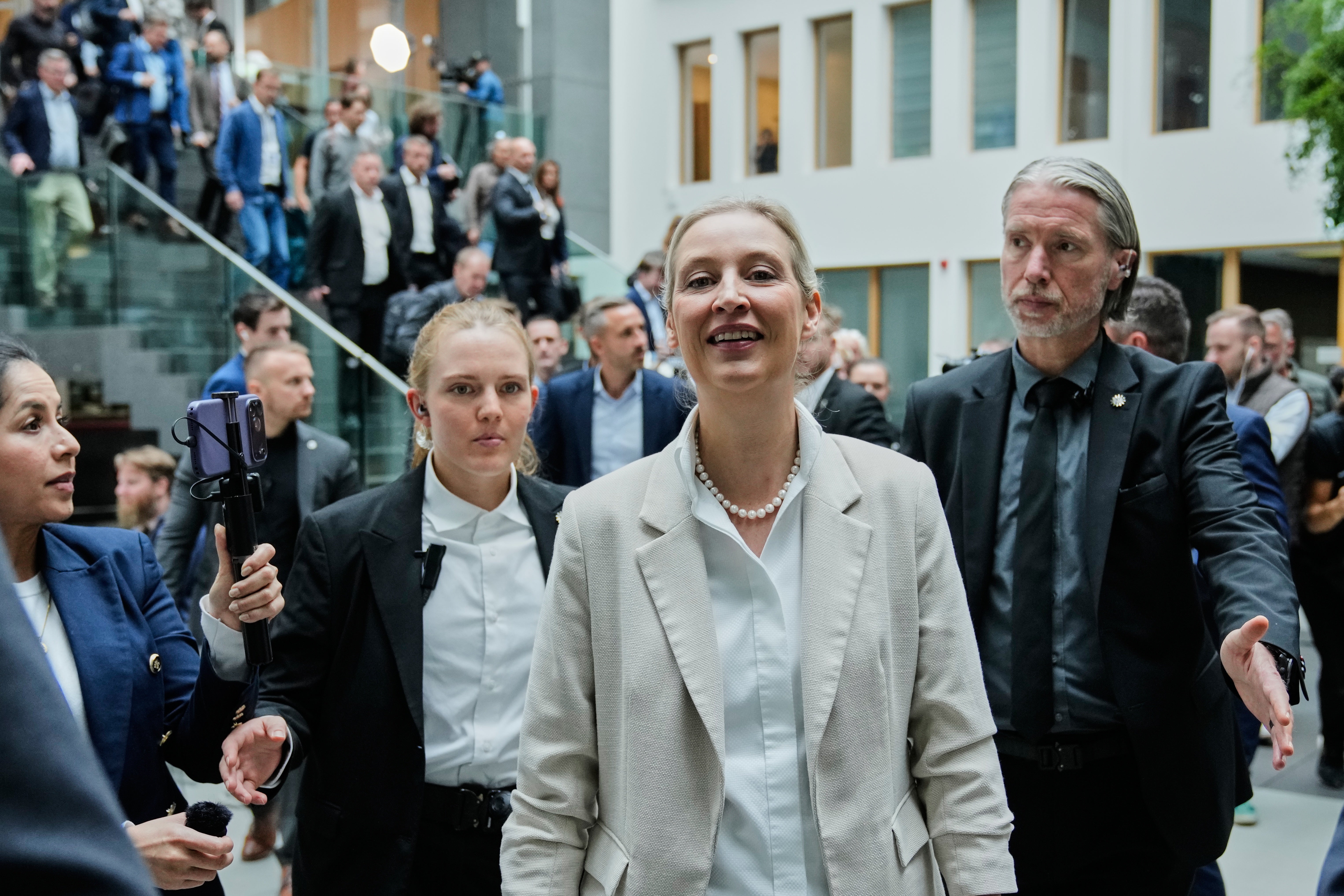 Co-leader of Alternative for Germany party, or AfD, Alice Weidel, leaves a press conference in Berlin