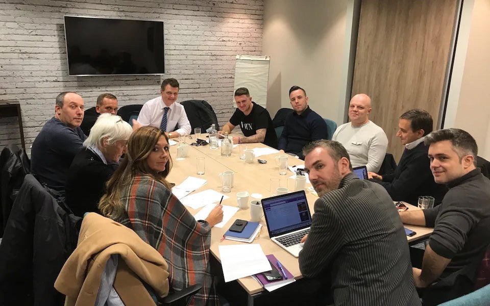 Danny Tommo pictured on Tommy Robinson’s right-hand side at a Ukip protest planning event. Ukip said at the time that he was there as Mr Robinson’s bodyguard