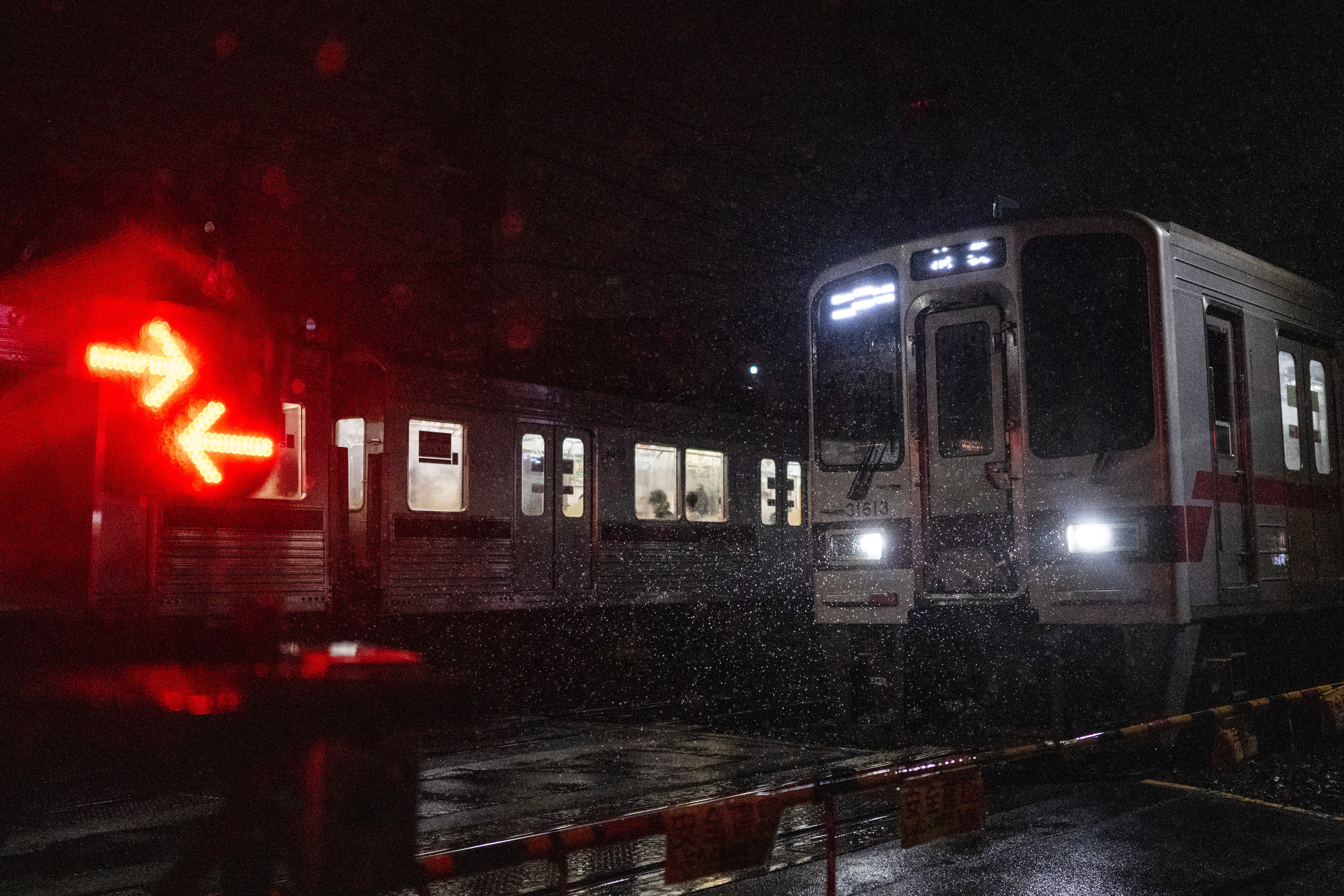 Trains cross during a heavy rainstorm in Tokyo