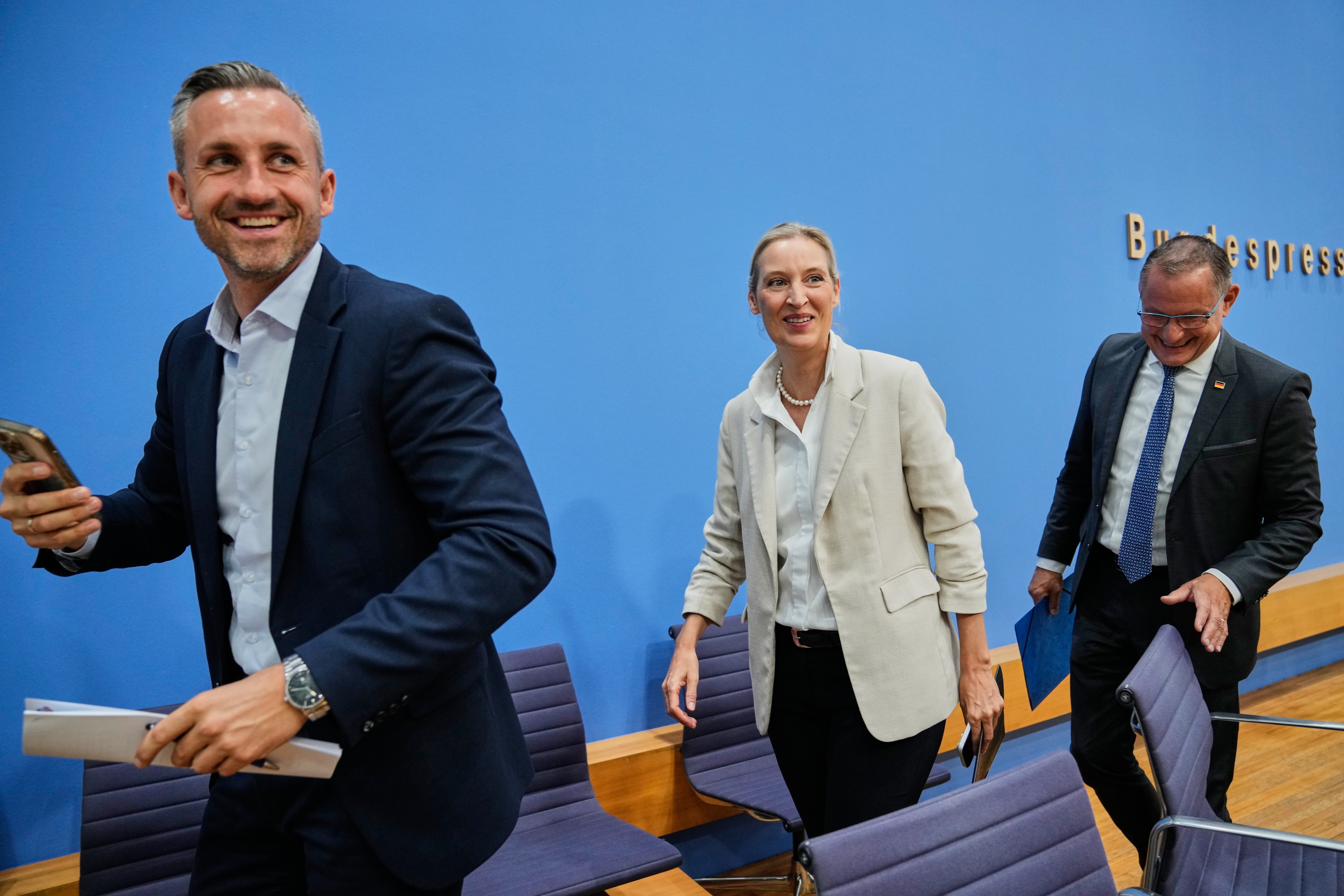 <p>AfD’s Ulrich Siegmund, Alice Weidel and Tino Chrupalla (right) at a press conference in Berlin after the far-right party won a historic election in Germany</p>