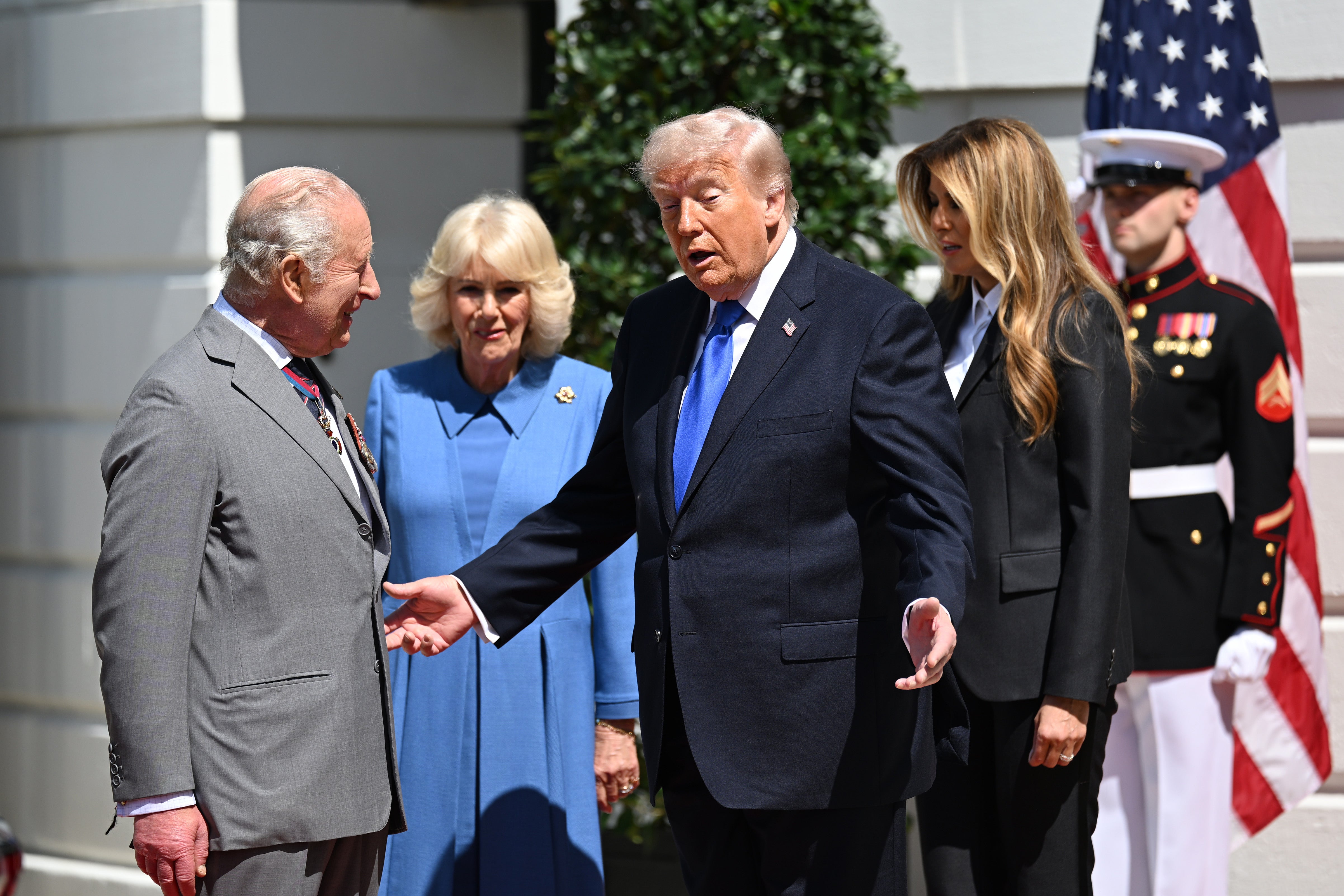 US President Donald Trump and First Lady Melania Trump bid farewell to King Charles III and Queen Camilla outside the White House in Washington DC in September