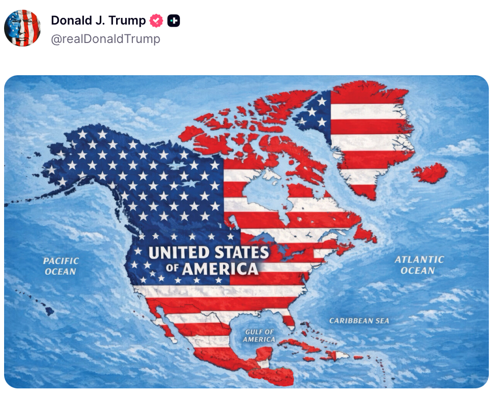 President Trump posted an image of a map of the U.S. spanning all of North America, the latest in a string of provocative messages about renaming or expanding the U.S. footprint across the world
