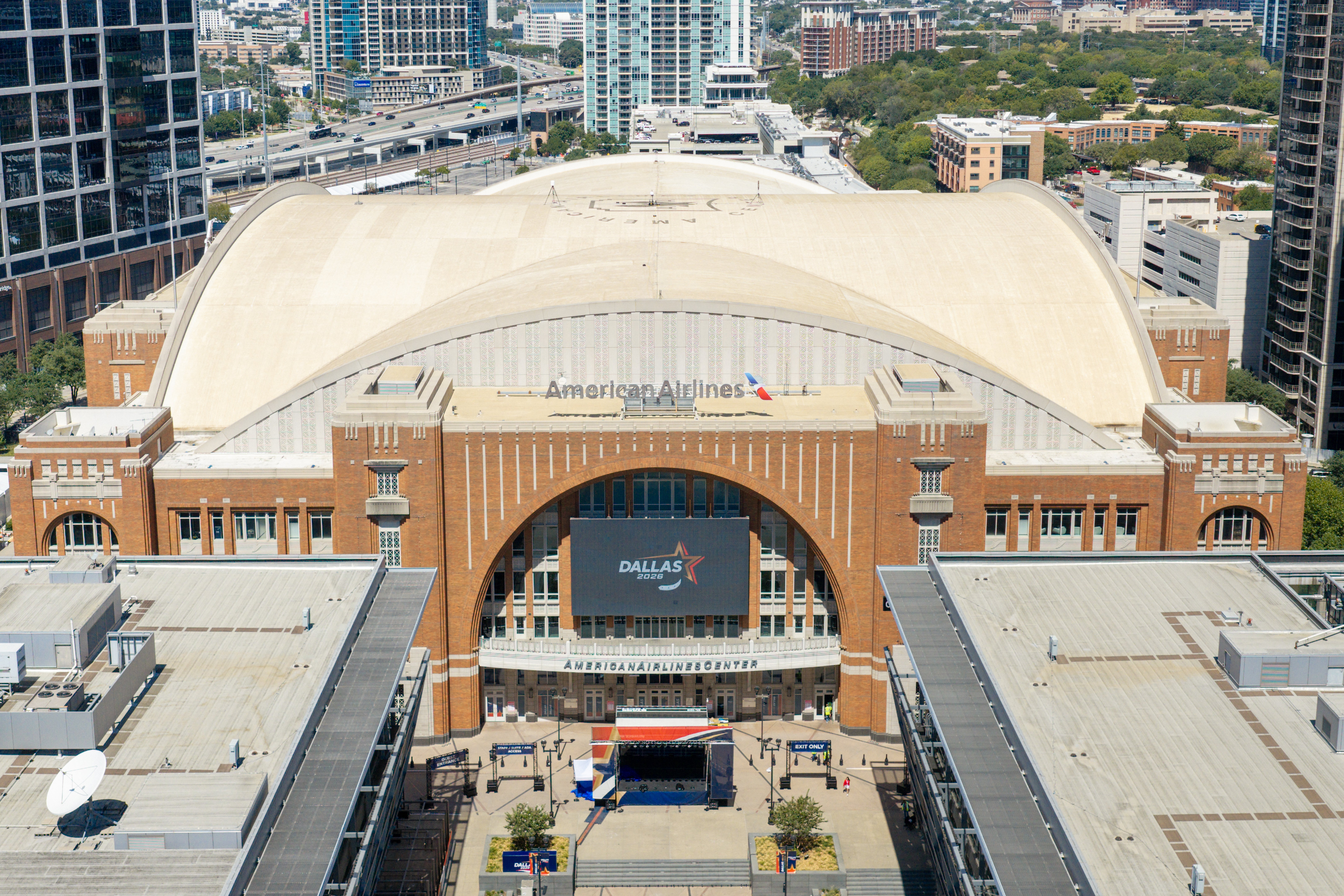 In an aerial view, the American Airlines Center is seen during preparations for the Republican National Committee (RNC) Midterm Convention on September 07, 2026 in Dallas, Texas.