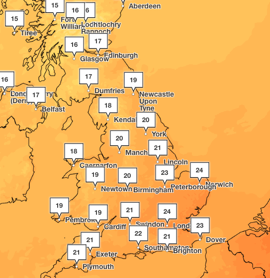 Parts of the country will hit 24C on Monday