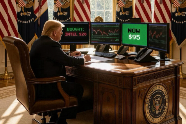 El presidente Donald Trump comparte un meme de sí mismo jugando en la bolsa de valores en la Oficina Oval en Truth Social.