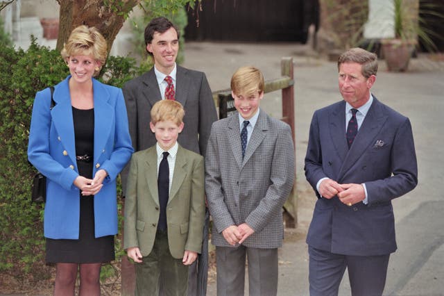 Diana, Princess of Wales, with Eton housemaster Dr Andrew Gailey, Prince Harry, Prince William, and Prince Charles outside Manor House on Prince William's first day at Eton College