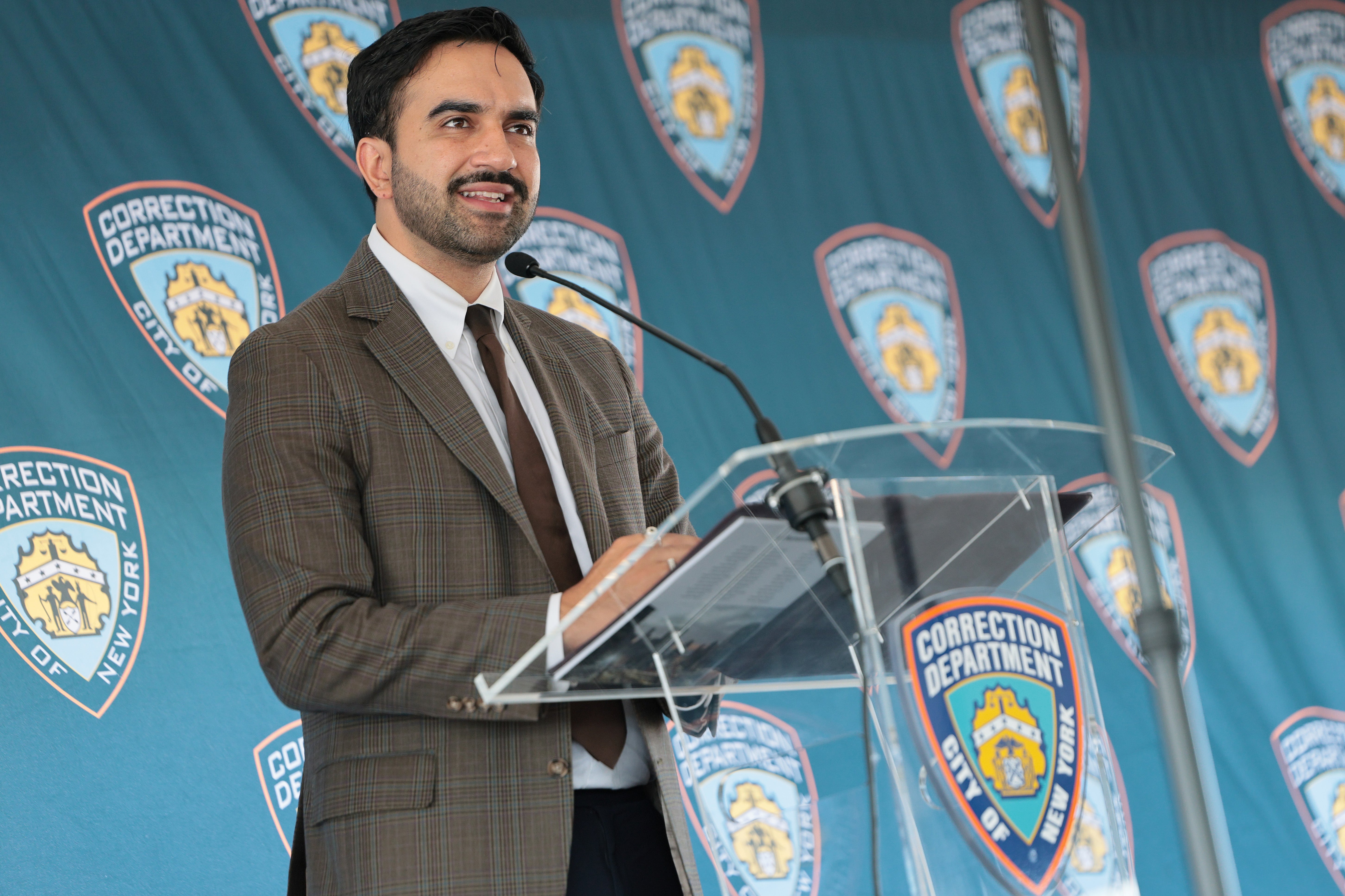 New York Mayor Zohran Mamdani speaks during a Department Of Correction's Tribute To 9/11 Heroes ceremony at Riker's Island
