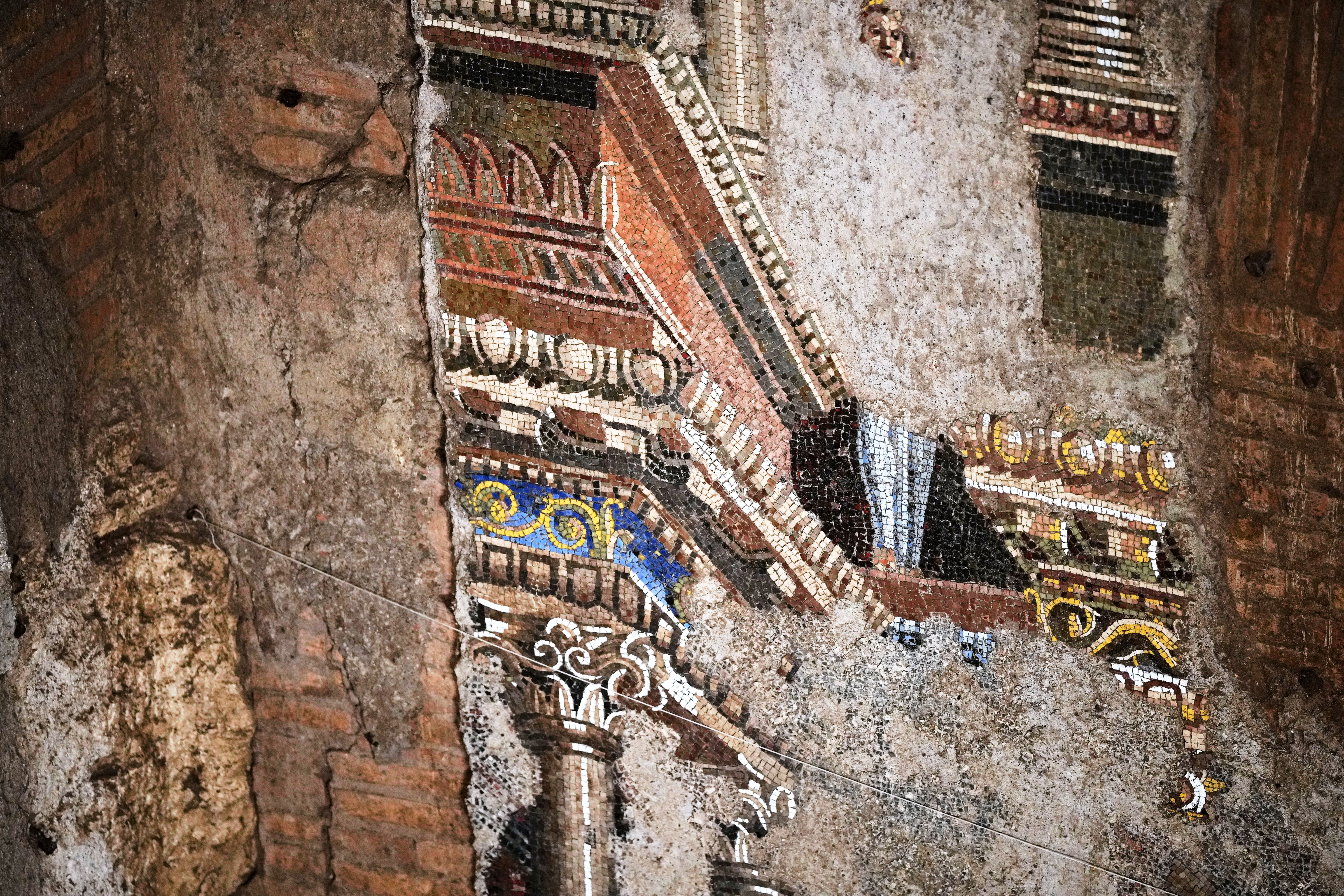 A section of the restored ancient wall mosaic (AP)