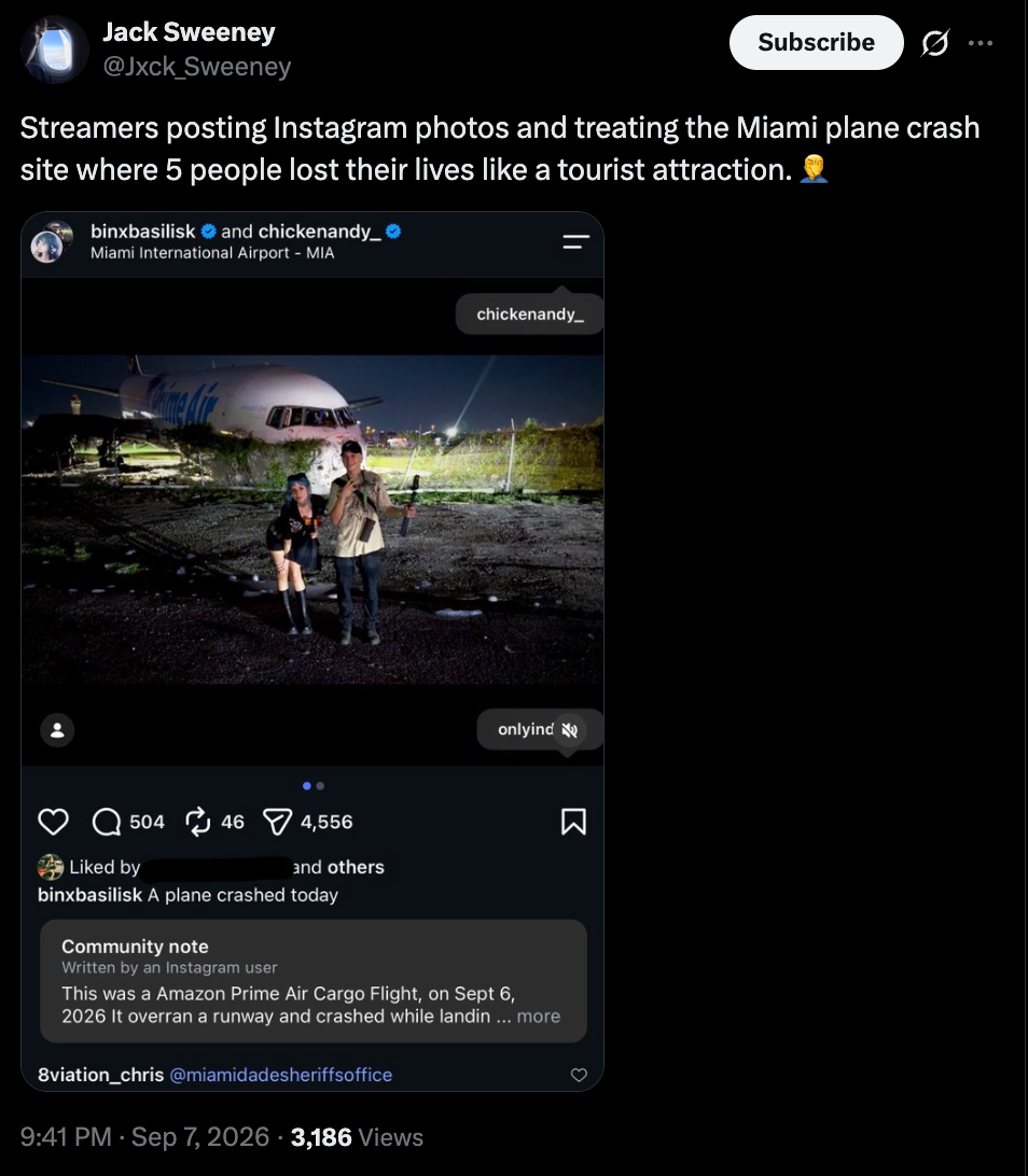 Kick streamers 'ChickenAndy' and 'BinxBasilisk' are facing criticism for posting a photo they took in front of the crashed Amazon cargo plane hours after it crashed, and resulted in the deaths of five people