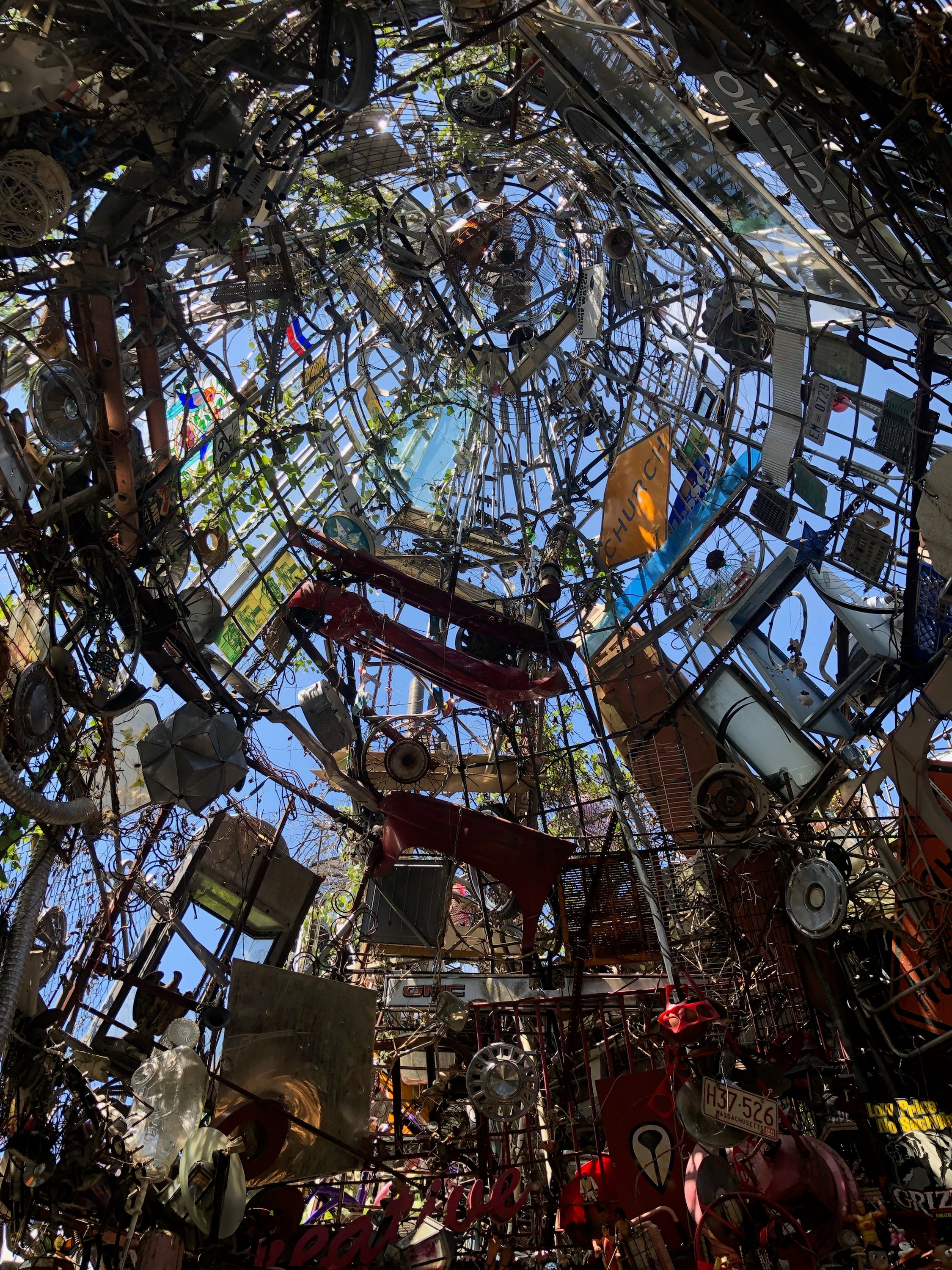 The scrappy three-level structure is made up of more than 60 tons of junk, including old tires, rusted pieces of metal and roof turbine vents, commonly called whirlybirds