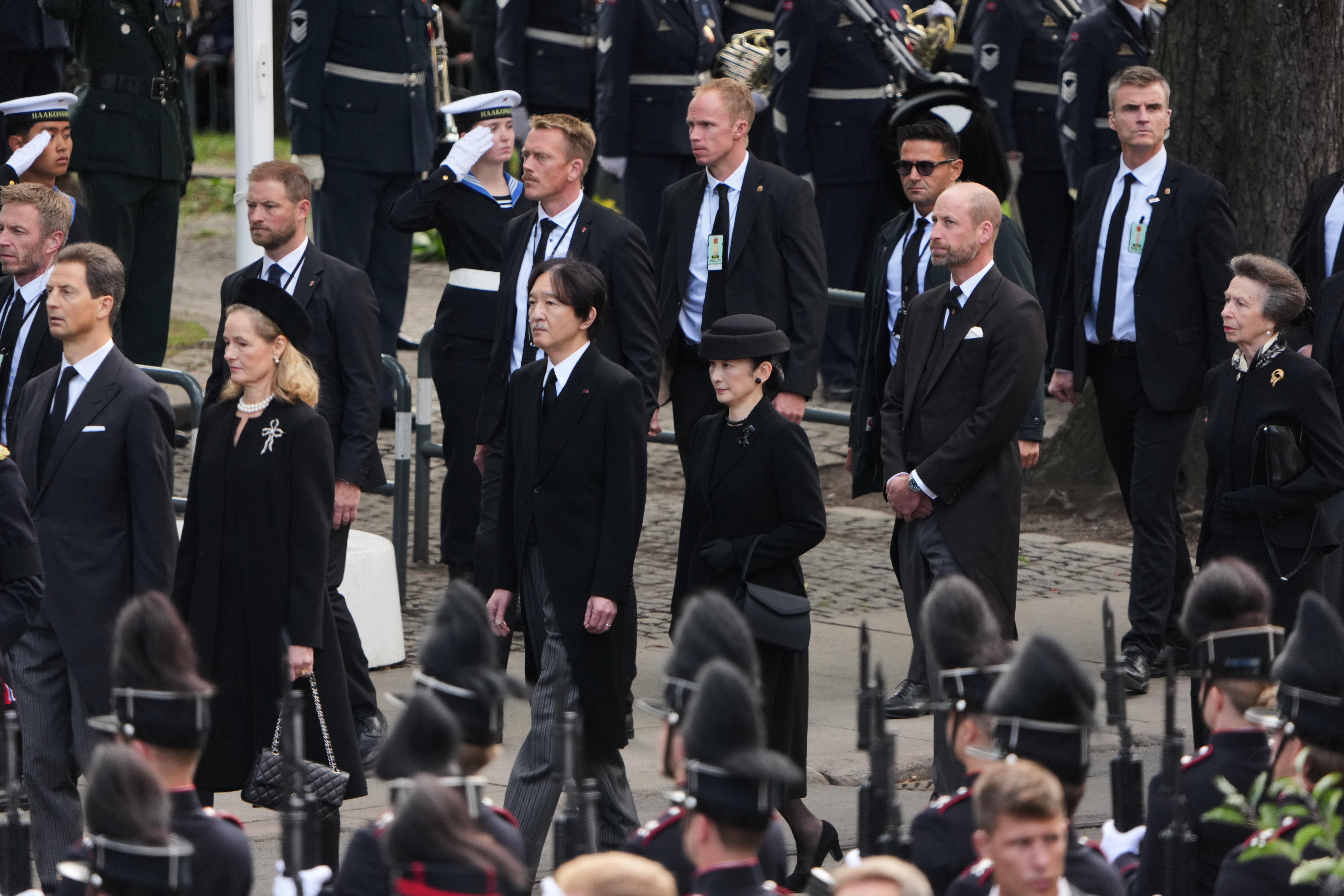 Also processing against a backdrop of sombre music by the military bands were Prince Albert II and Princess Charlene of Monaco, the Kings and Queens of Spain, Sweden, Denmark, the Netherlands and Jordan, and Japan’s Crown Prince Akishino and Crown Princess Kiko