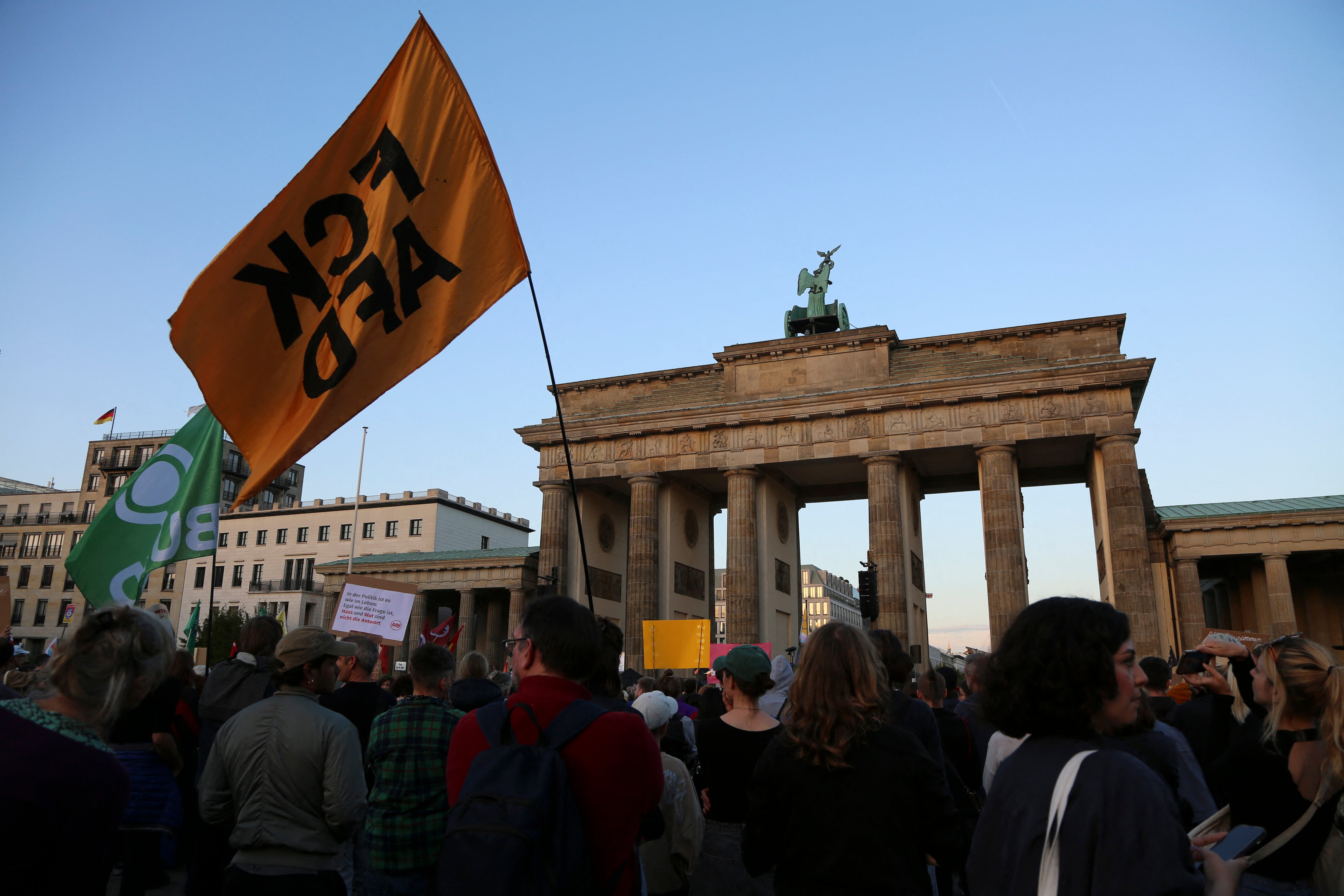 A demonstration at the Brandenburg Gate following the victory of the far right in the Saxony Anhalt regional election, Berlin Germany on September 7, 2026