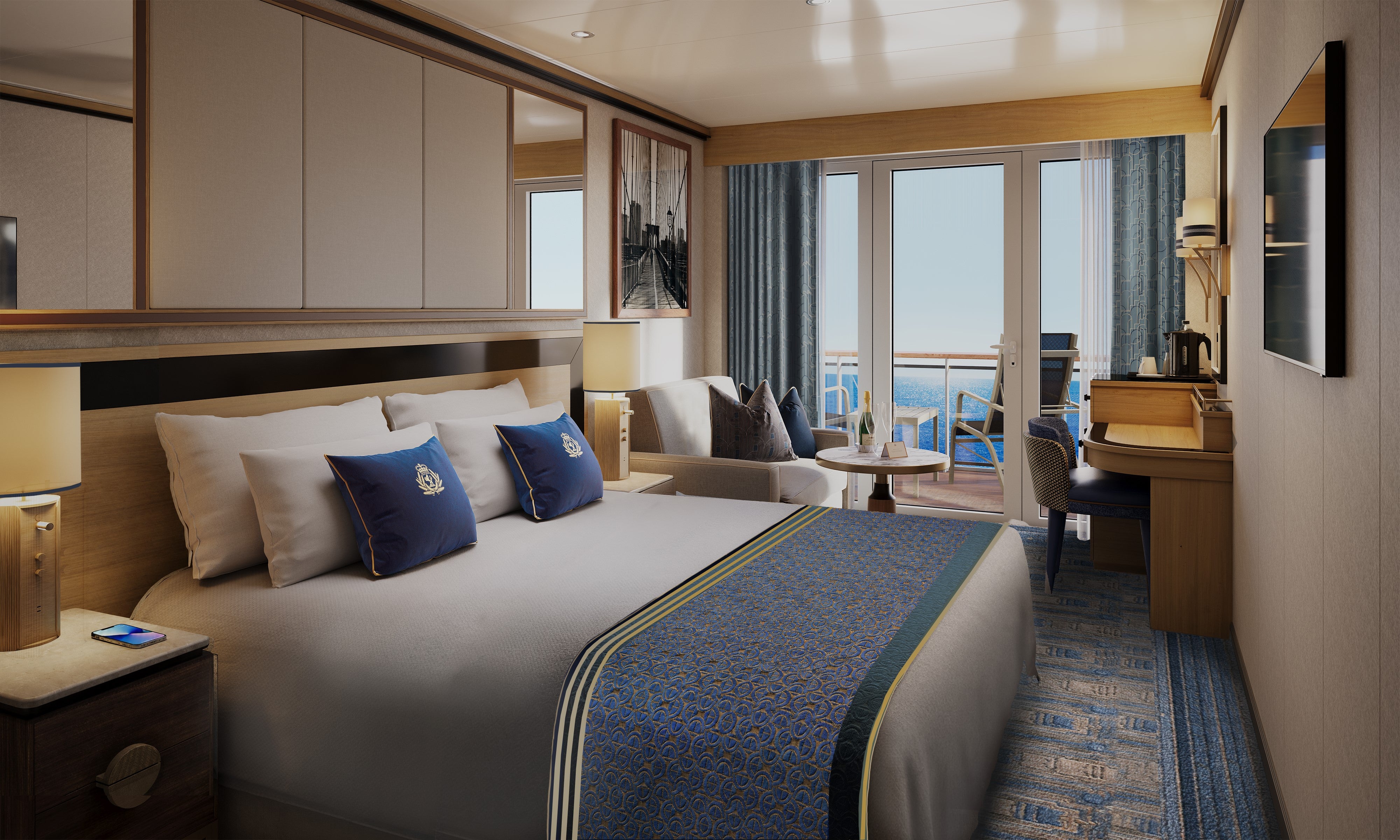 Rendering of a Britannia Stateroom aboard the Queen Mary 2 after its refurbishment
