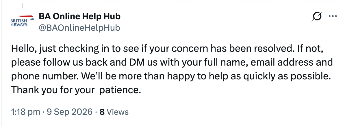 A fake BA customer service account