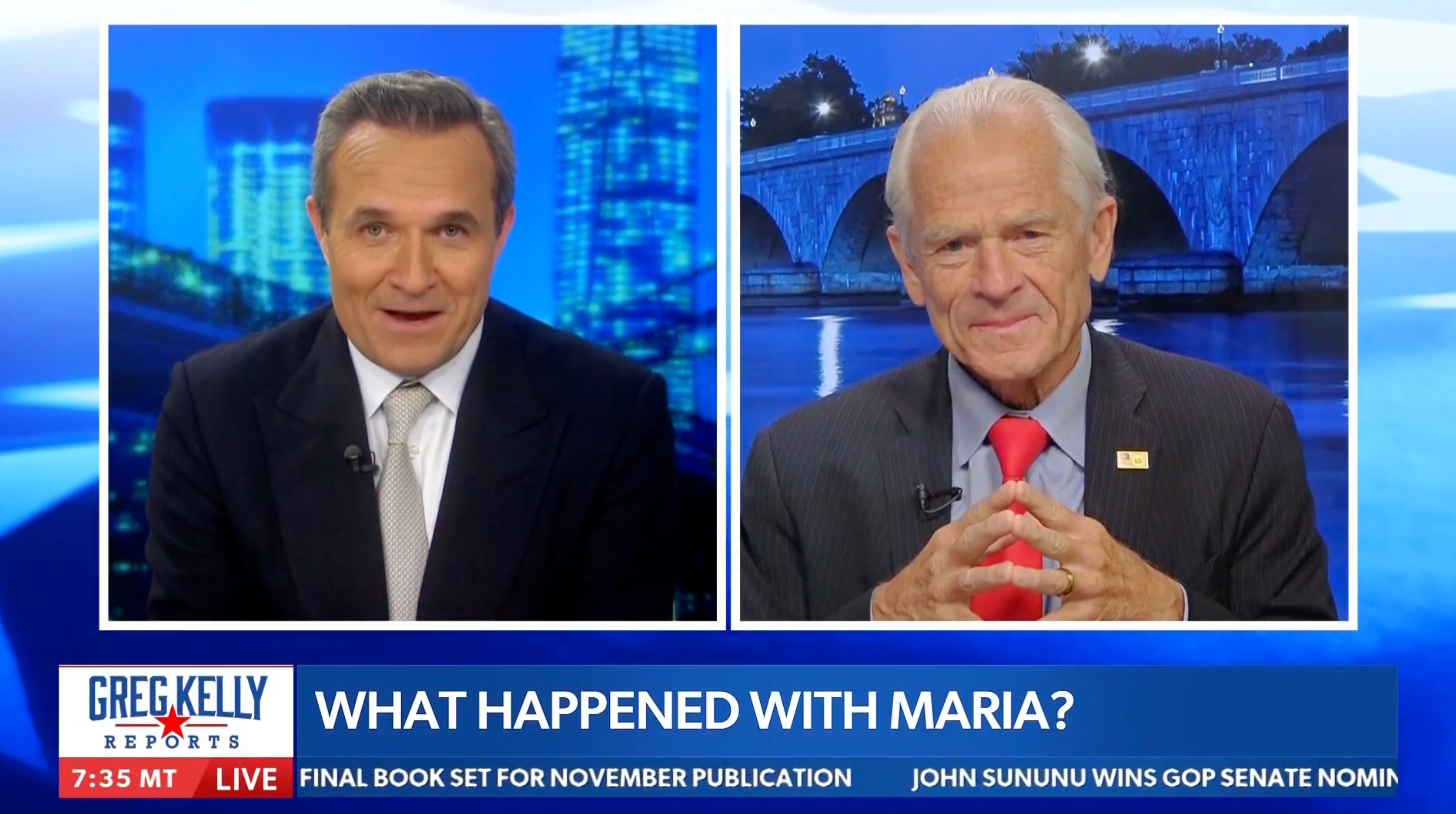 White House official Peter Navarro attacks Fox News for firing anchor Maria Bartiromo during an interview with Greg Kelly on Newsmax Tuesday