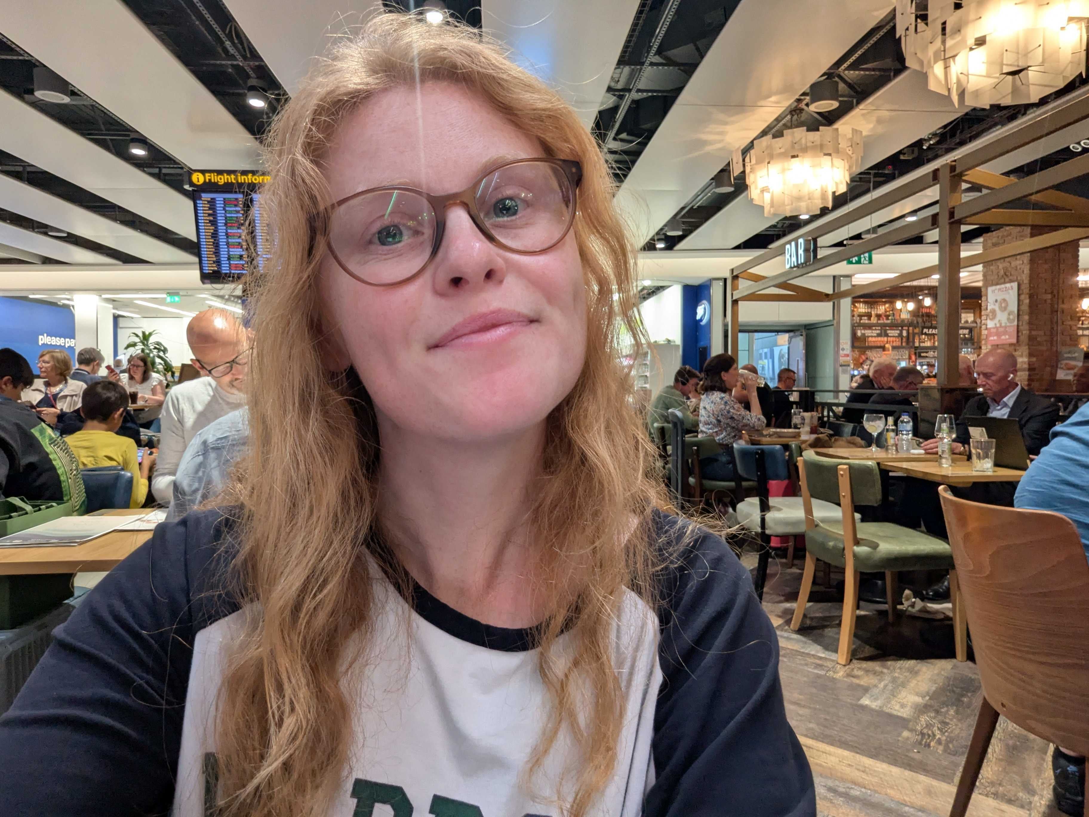 Rhian found a seat at the airport eventually
