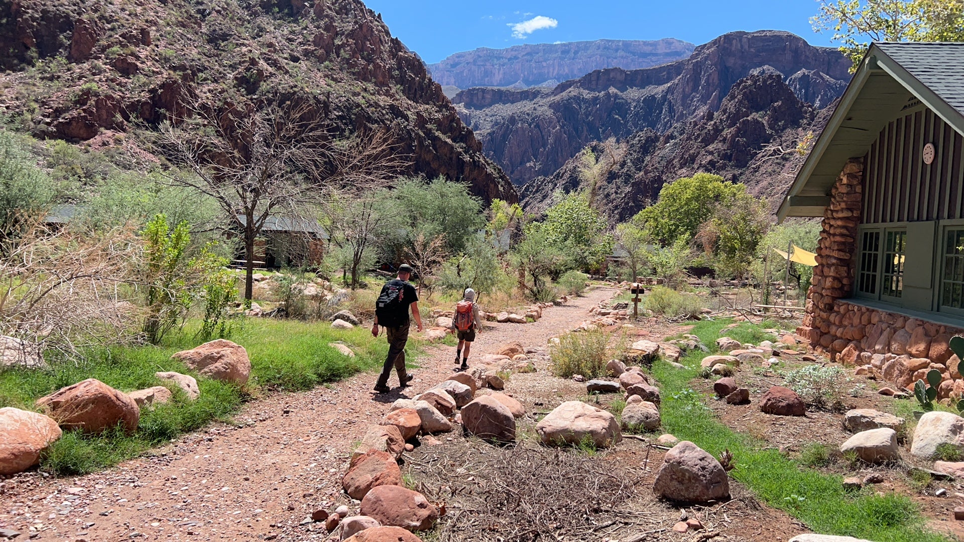 Park members hike through the Grand Canyon South Rim’s Phantom Ranch area on September 5. Park officials say there’s a plan to restore the canyon’s water system, which was damaged in the flooding