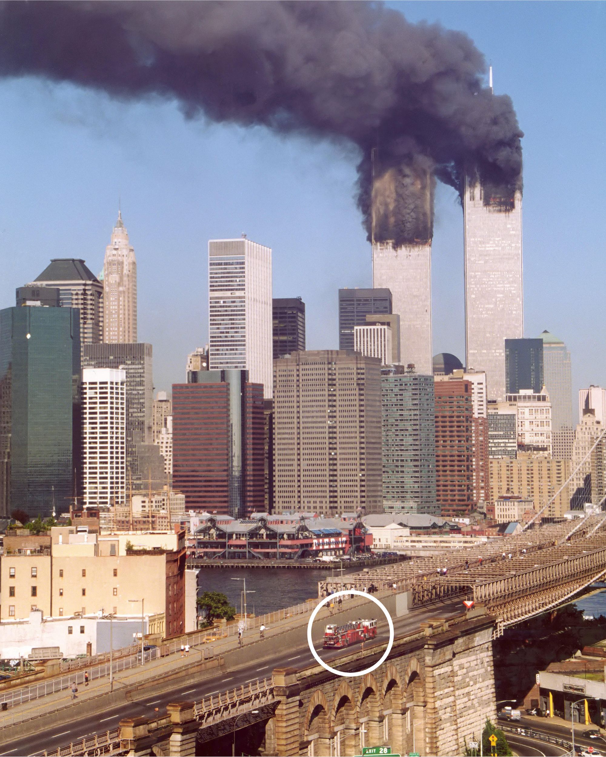 Amateur photographer Aaron McLamb took a photo of Ladder 118 fire truck crossing the Brooklyn Bridge into Manhattan during the September 11, 2001, terror attacks on the World Trade Center’s twin towers. The image has come to symbolize the bravery and sacrifice of that terrible day