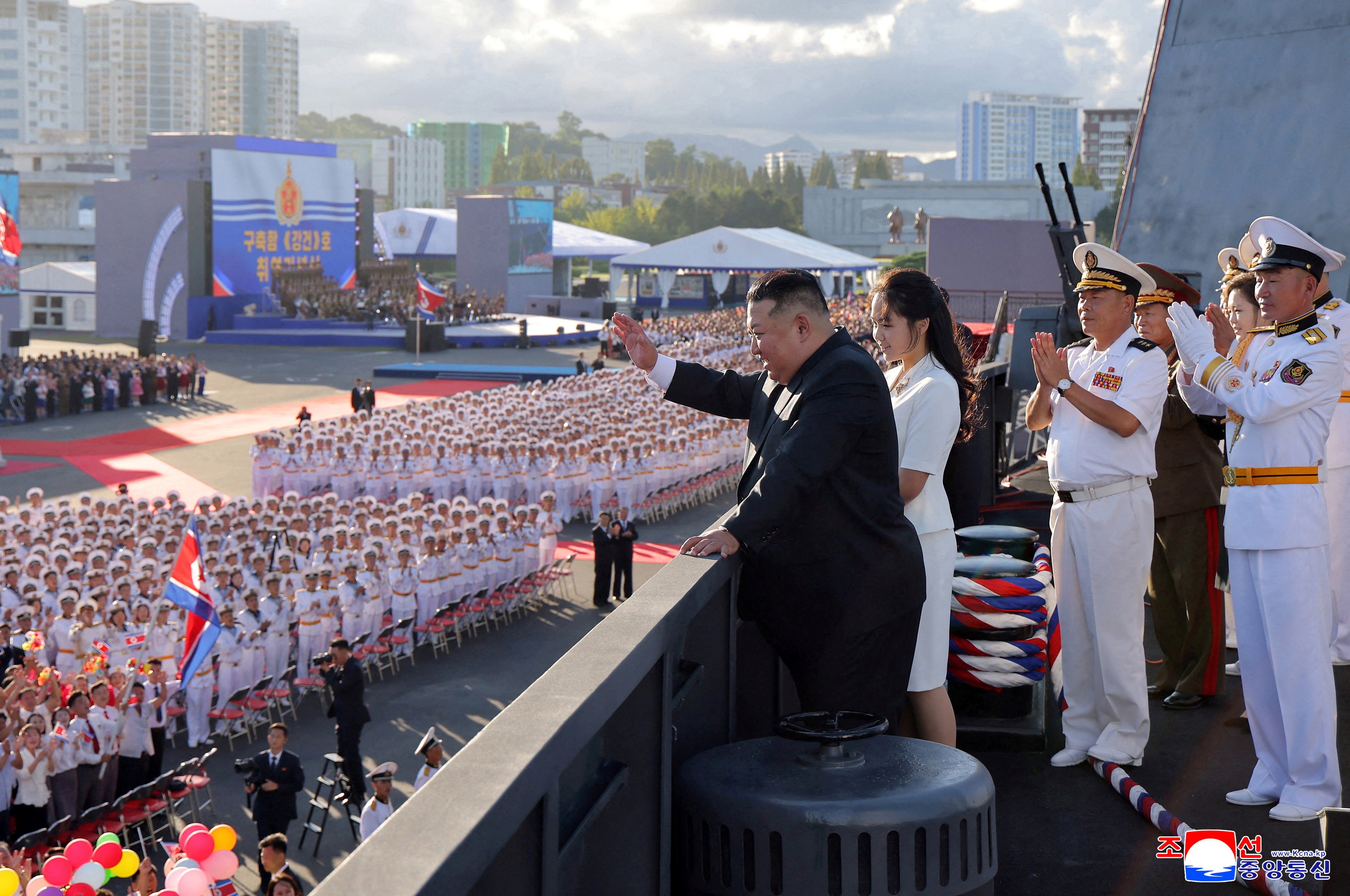 North Korean leader Kim Jong Un, accompanied by his daughter Kim Ju Ae, attends the commissioning ceremony of the destroyer Kang Kon, at Wonsan Port, North Korea, 6 September 2026 in this picture released by North Korea's official Korean Central News Agency
