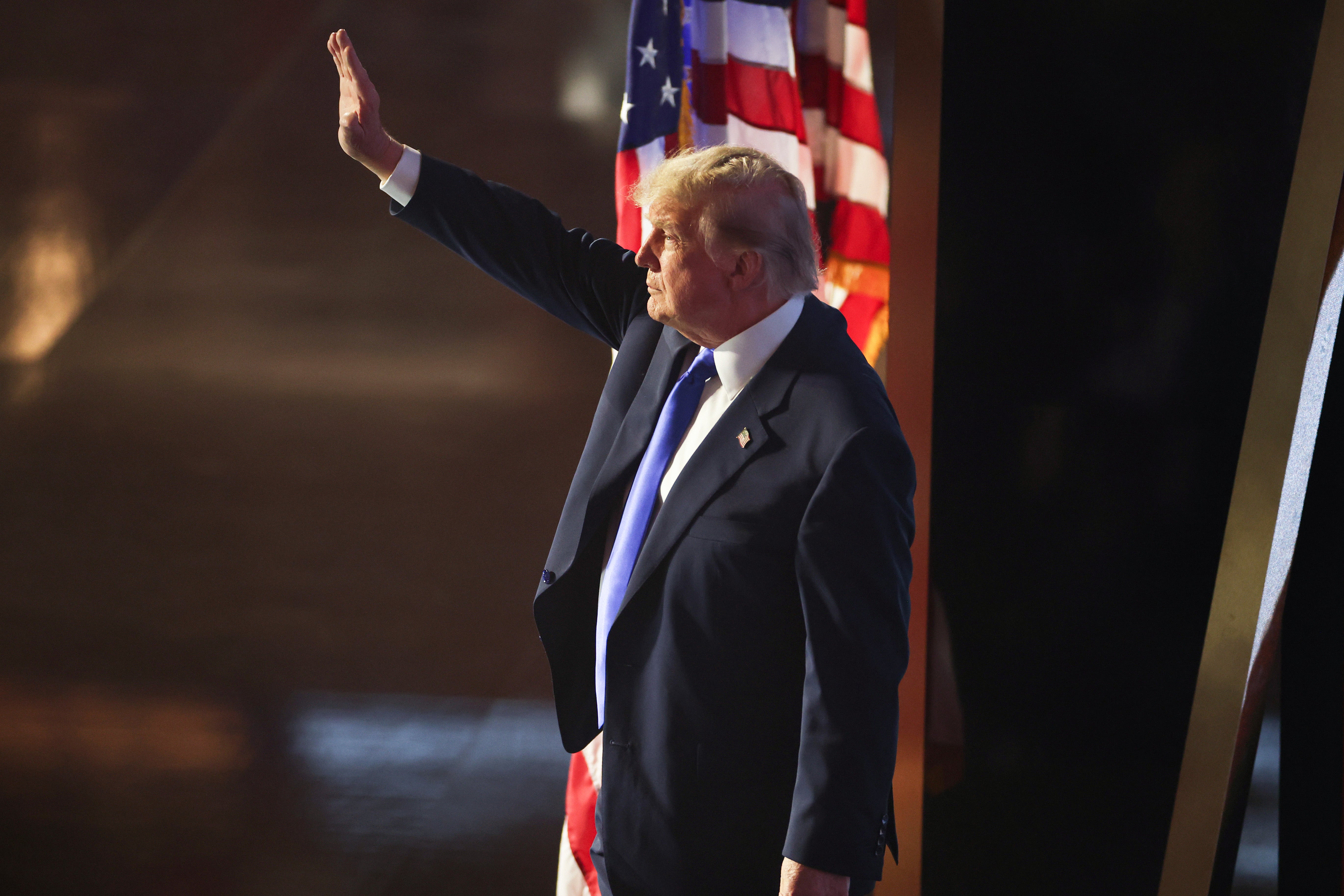 Trump points after addressing attendees on the first day of the 2026 Republican National Convention at the American Airlines Center
