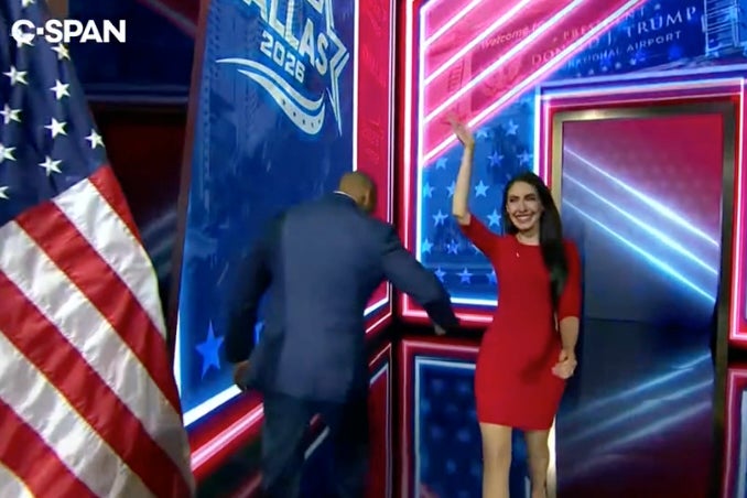 Housing and Urban Development Secretary Scott Turner appeared to swipe at Representative Anna Paulina Luna’s rear end at the Republican midterm convention in Texas on Wednesday