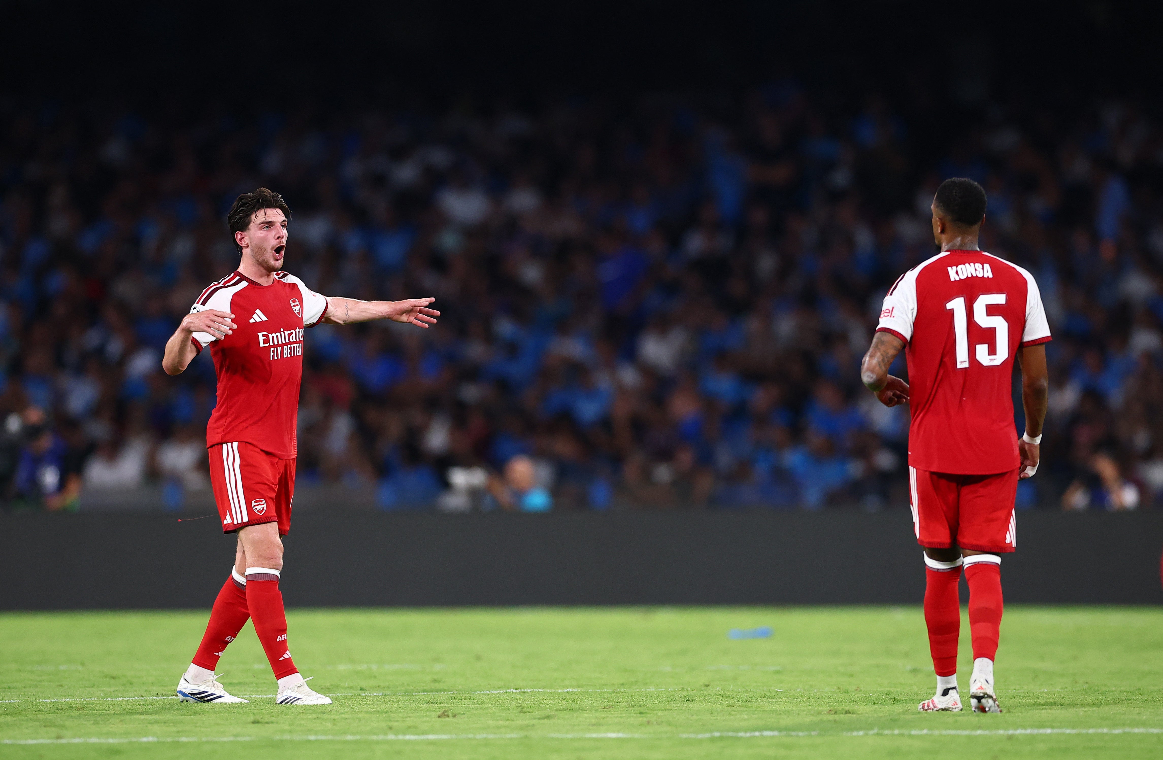 Ezri Konsa and Declan Rice during Napoli v Arsenal