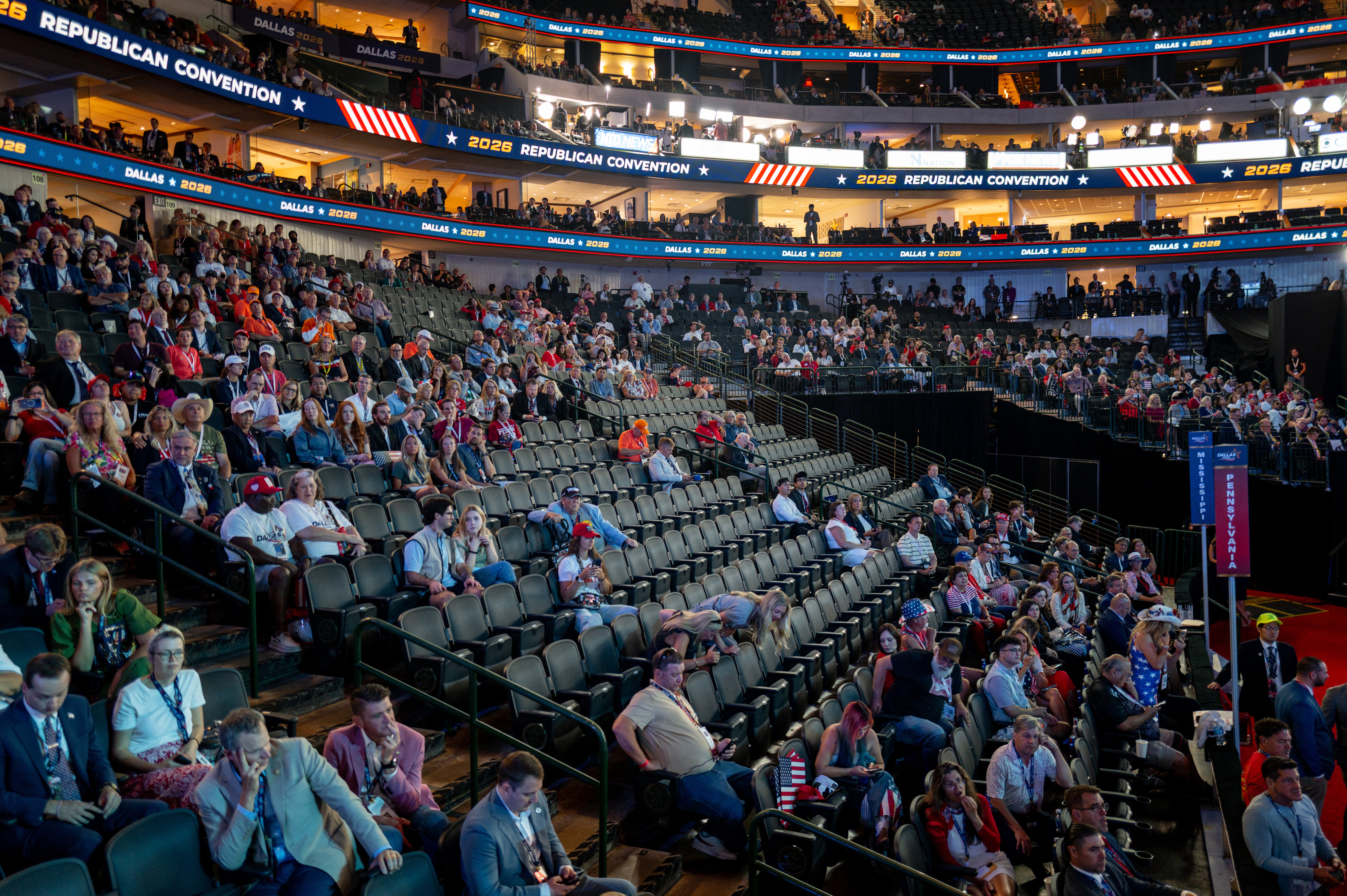 Donald Trump’s convention speech was marred by empty seating, which journalists present documenting the patchy attendance inside the American Airlines Center in Dallas, Texas
