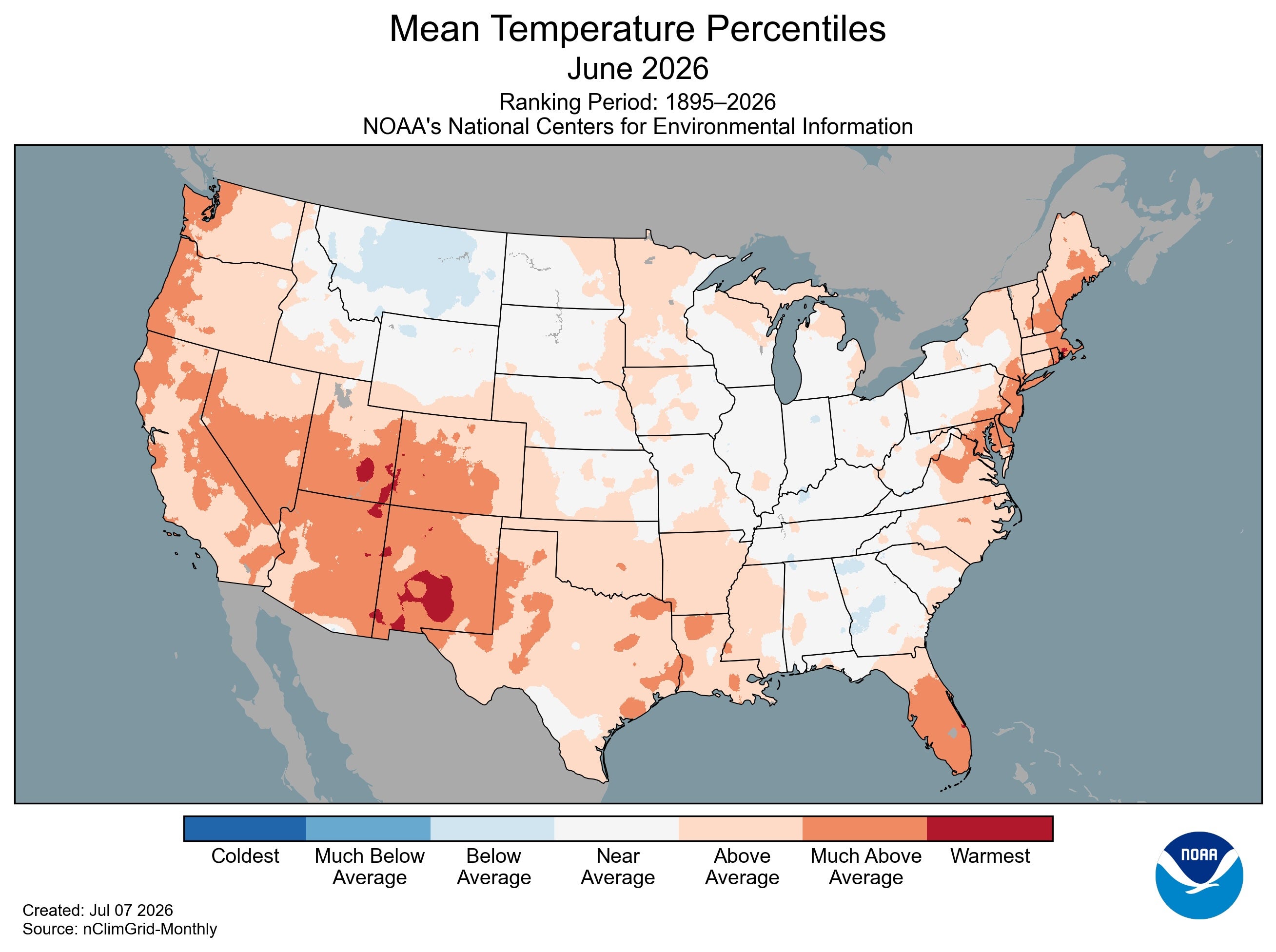 This federal map shows average temperatures nationwide in June. June was the third-warmest on record this year