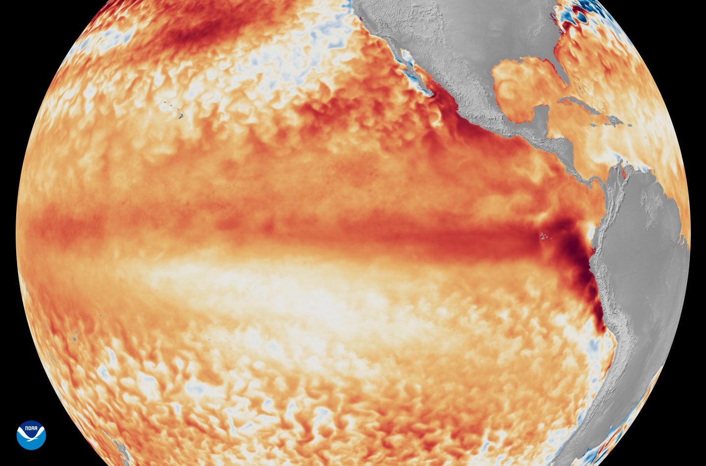 Satellite imagery shows the difference from average sea surface temperatures at the equator in the tropical Pacific Ocean, depicted using various shades of red and orange for warmth, during the first week of June 2026, as compared with the baseline used by NOAA’s Coral Reef Watch