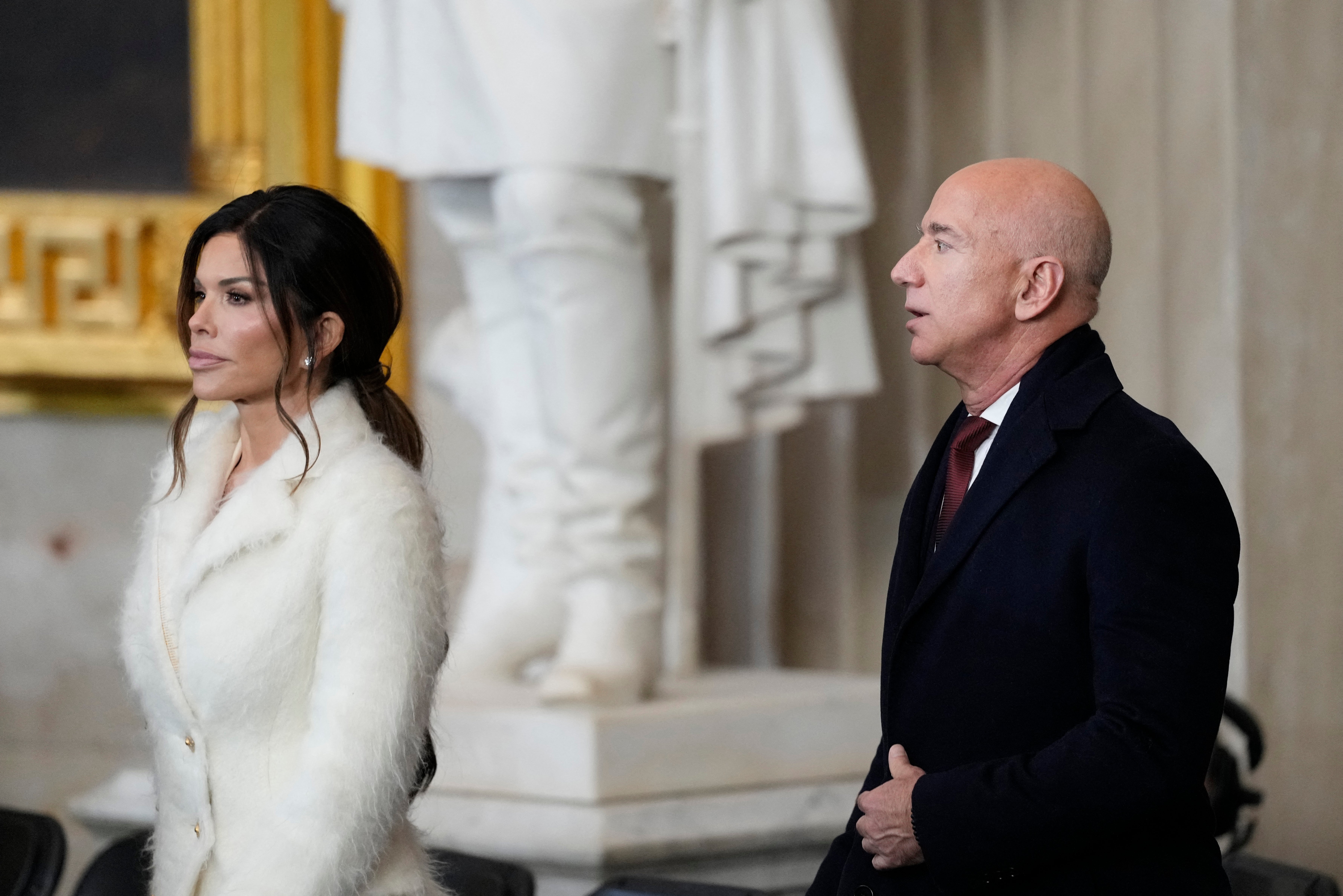 Bezos and then-fiancee Lauren Sánchez in the Capitol Rotunda while attending the inauguration of Donald Trump as the 47th president in Washington on January 20, 2025