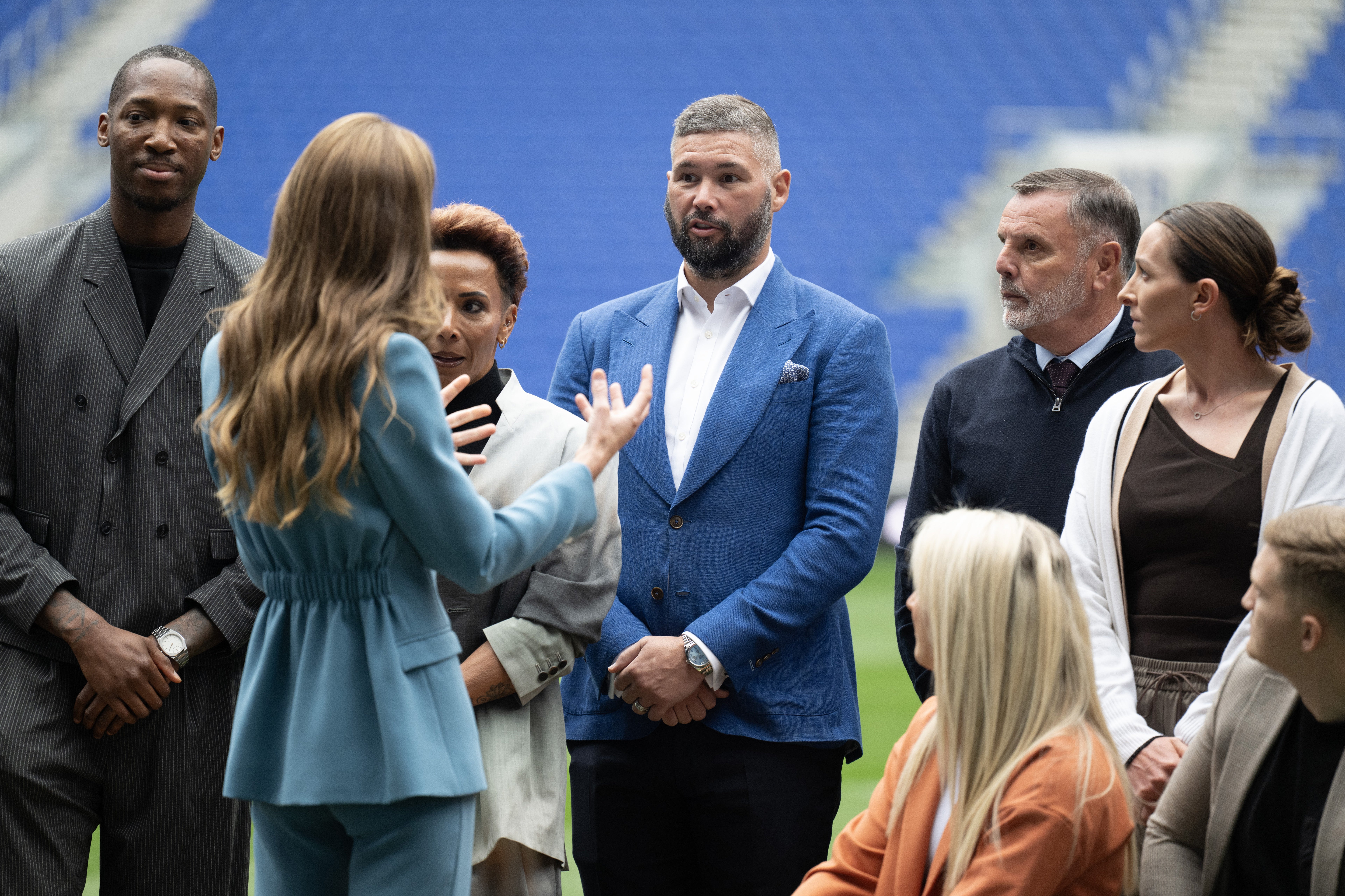 Dame Kelly Holmes, Tony Bellew, Dame Laura Kenny, Graeme Sharp, Kate Cross and Campbell Hatton speak with The Princess of Wales on the pitch at Everton’s stadium. Shirlaine Forrest/PA (PA Wire)